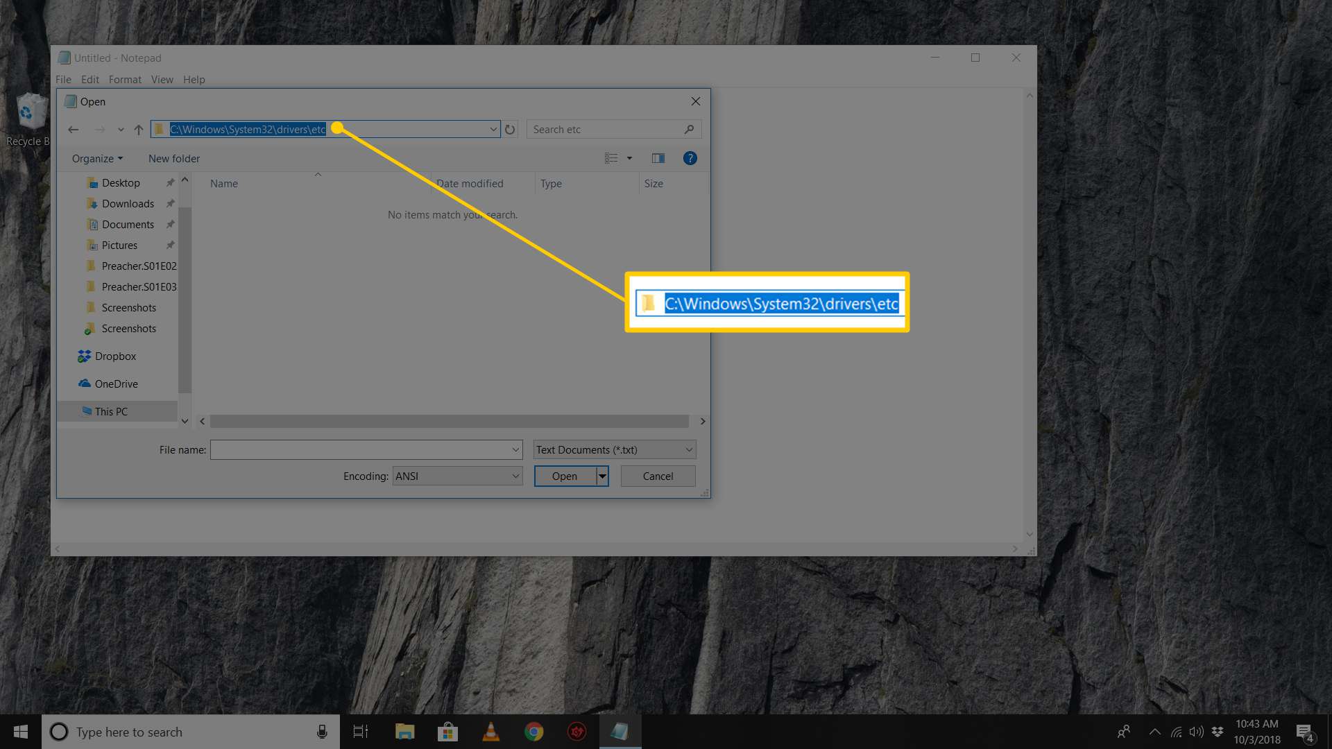 C:WindowsSystem32driversetc tiedostopolku Muistio Avaa -valintaikkunassa