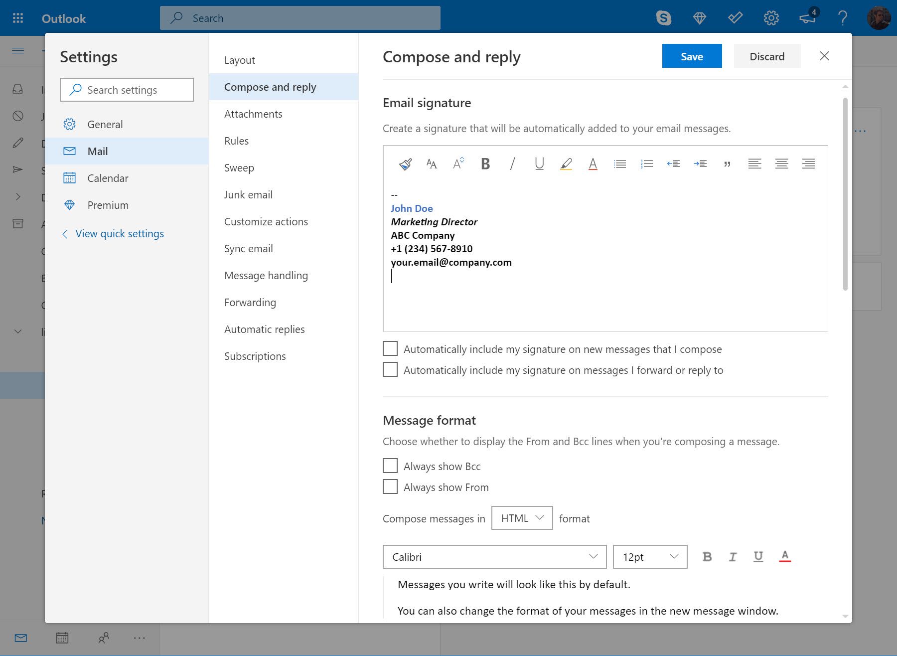 Ikkuna sähköpostin allekirjoitusten kirjoittamista varten Outlook.comissa