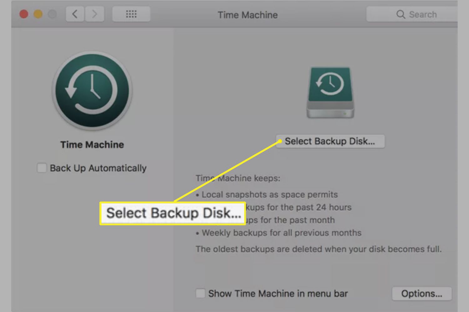 Time Machinen järjestelmäasetukset, joissa Select Backup Disk on korostettuna