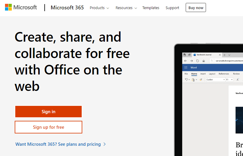 Kuvakaappaus Microsoft Office Online -kirjautumissivusta