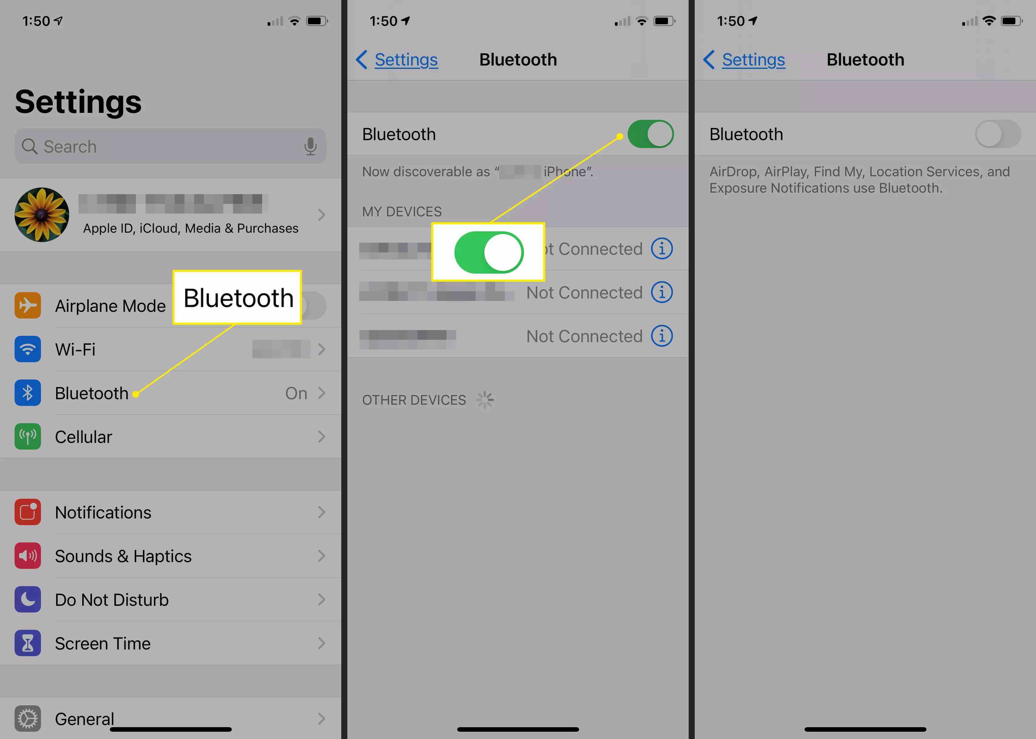 iPhone-asetukset Bluetooth-asetuksien kanssa