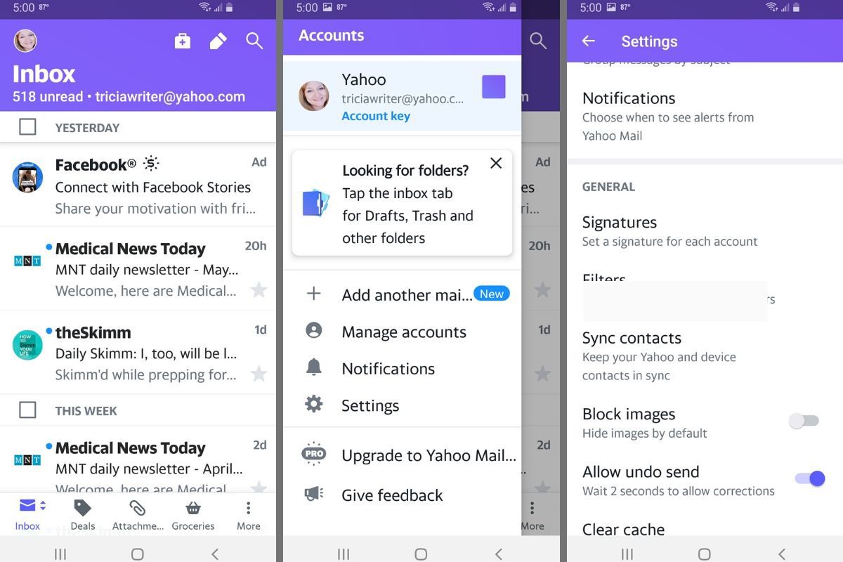 Yahoo Mail -sovelluksen asetukset.