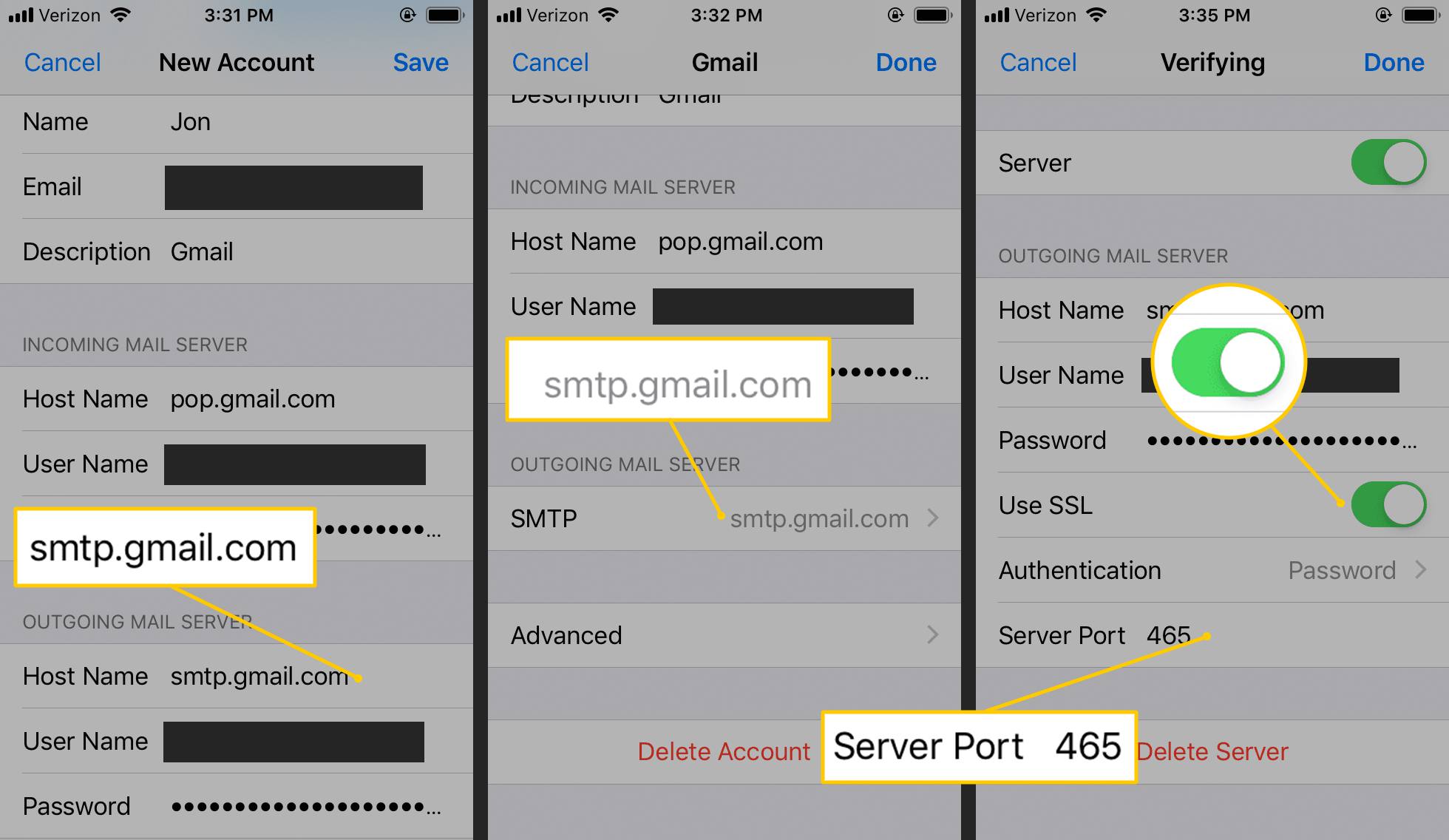 smtp.gmail.com, SSL-kytkin PÄÄLLÄ ja palvelinportti 465 iOS:n Gmail-asetuksissa