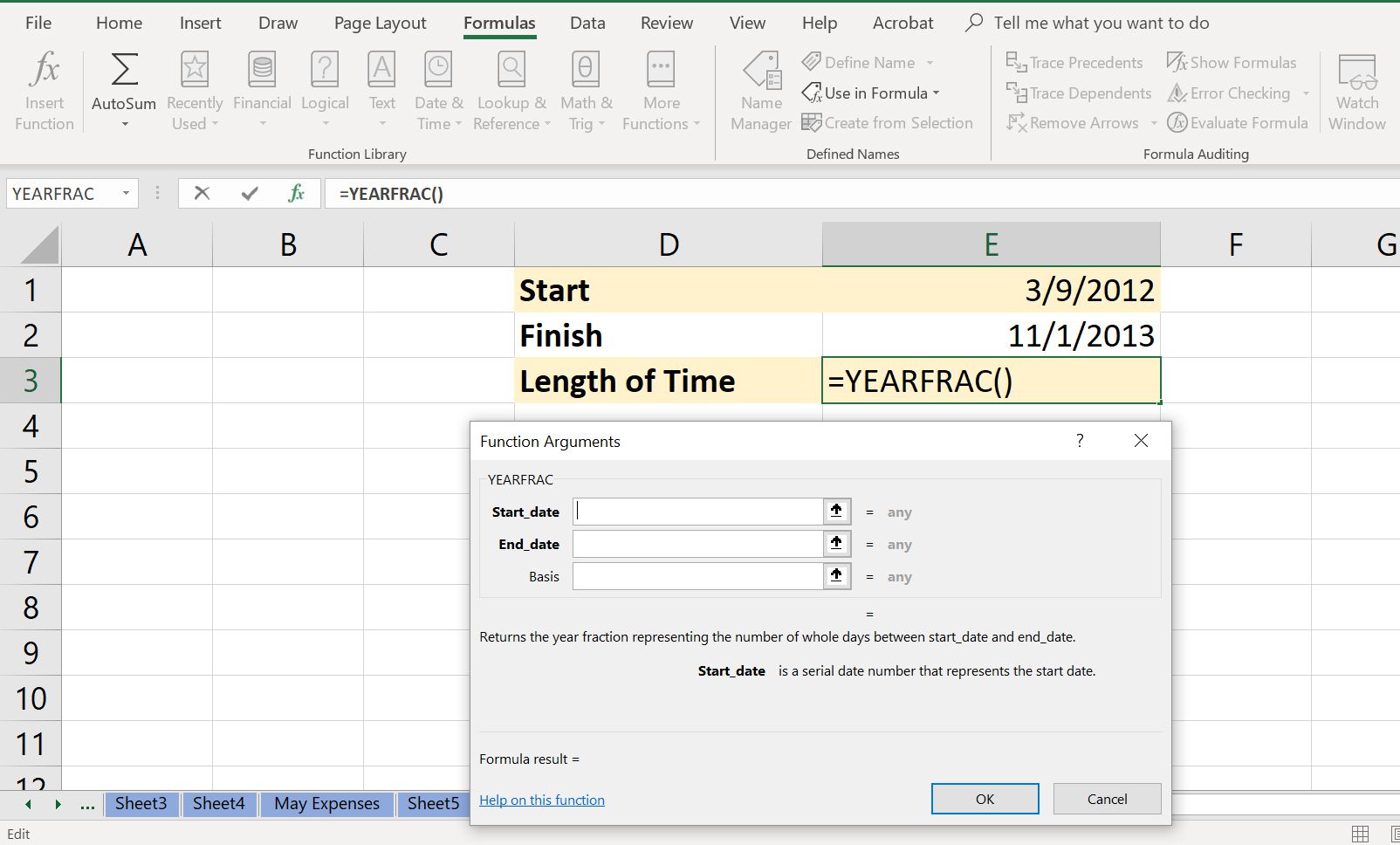 Excel-laskentataulukko YEARFRAC-funktion valintaikkunalla