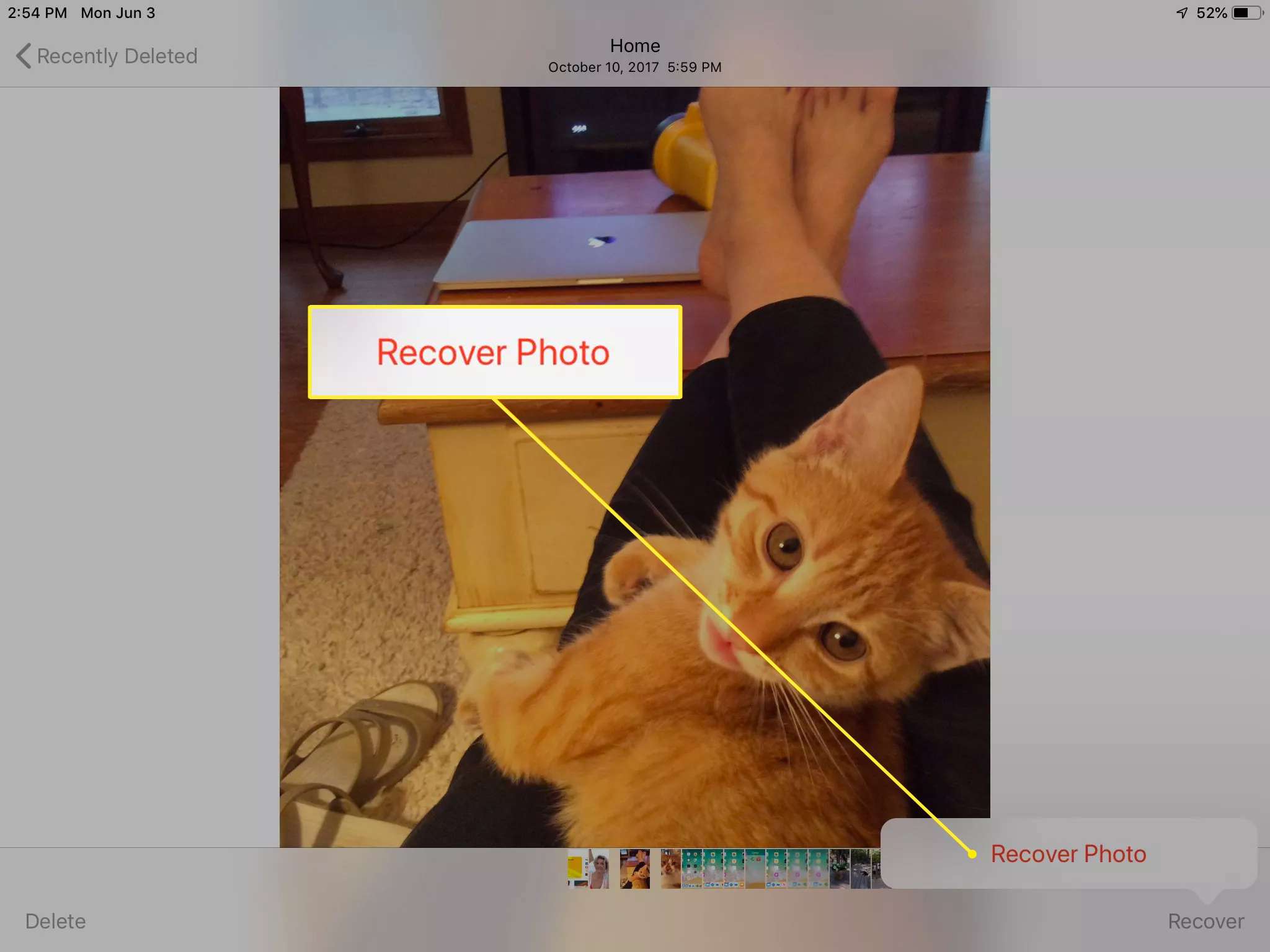 Palauta valokuva -painike iPadin Valokuvat-sovelluksessa
