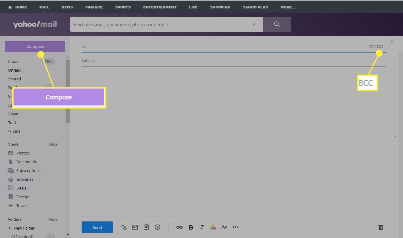 Yahoo mail - Valitse "Kirjoita" ja "BCC" lisätäksesi BCC-kentän.