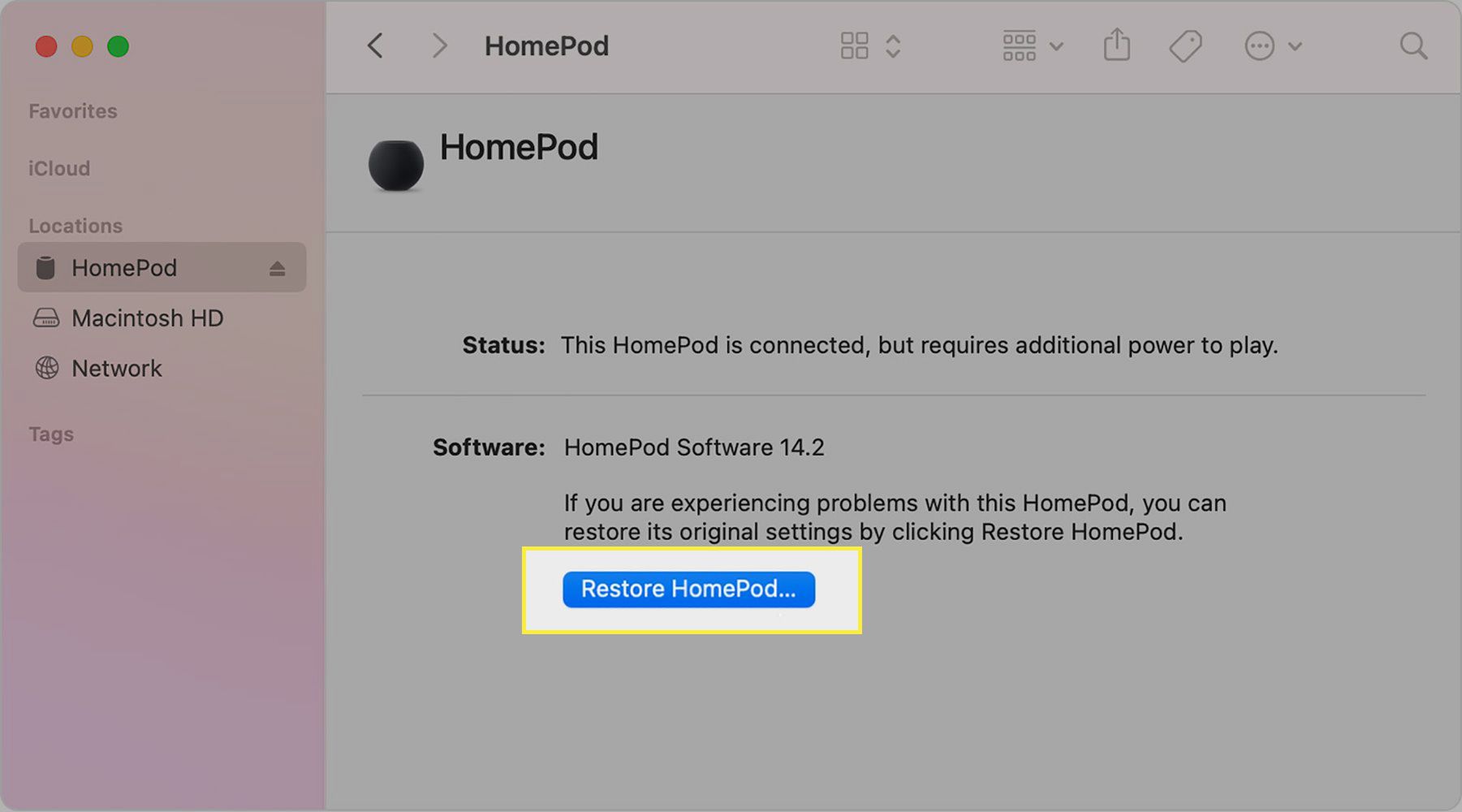 Korjaa HomePod korostettuna Mac HomePod -näytöllä