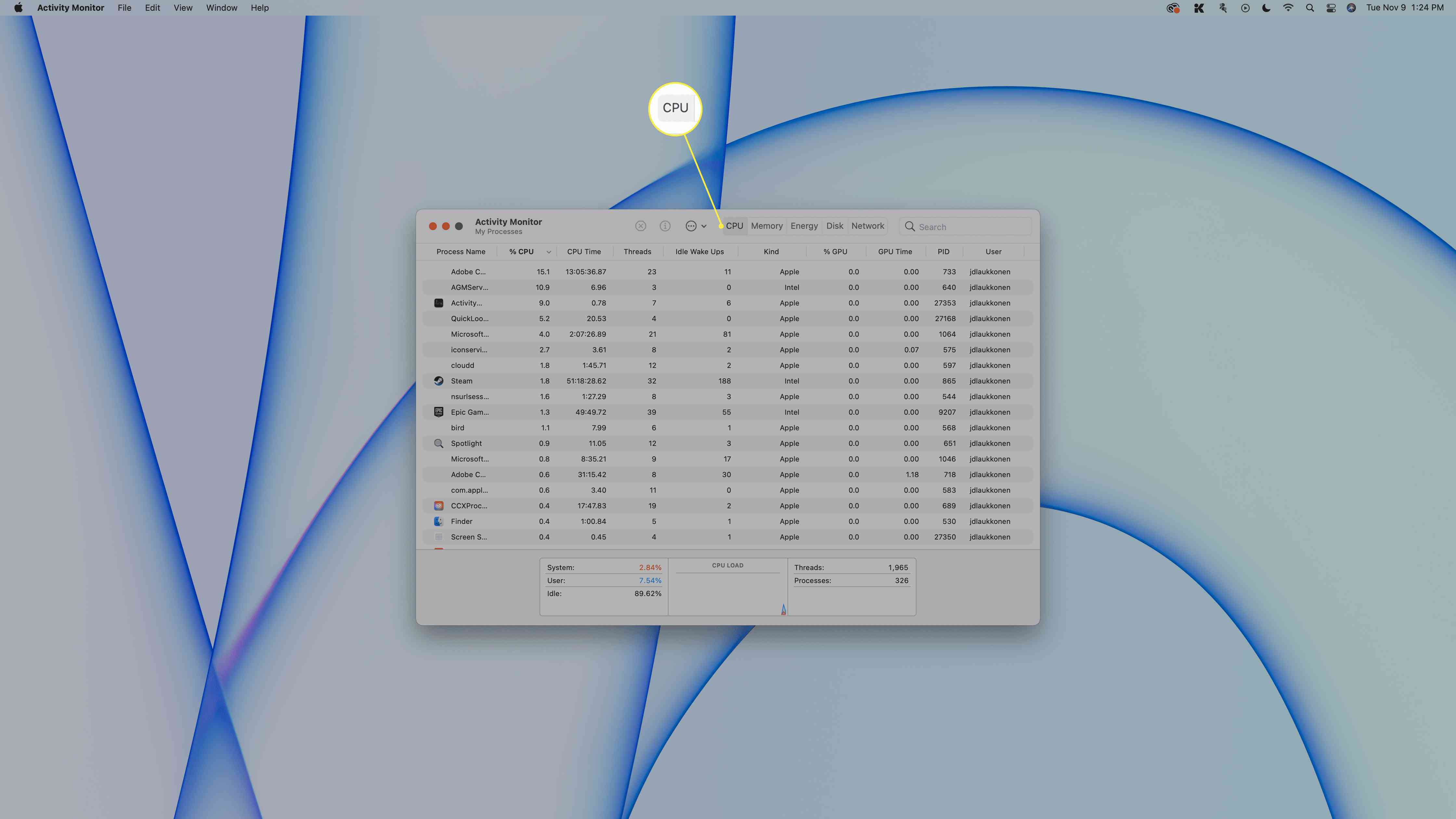 Prosessori-välilehti korostettuna Activity Monitorissa Macissa