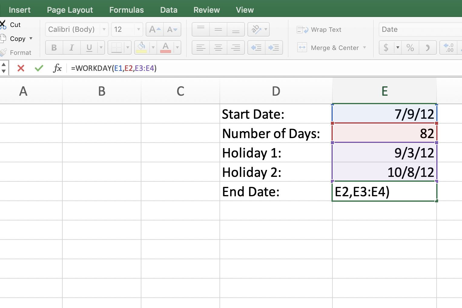 Excel WORKDAY-funktion parametreillä