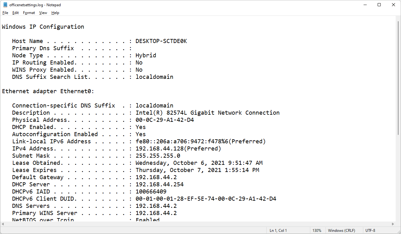 ipconfig kaikki tulokset LOG-tiedostossa 