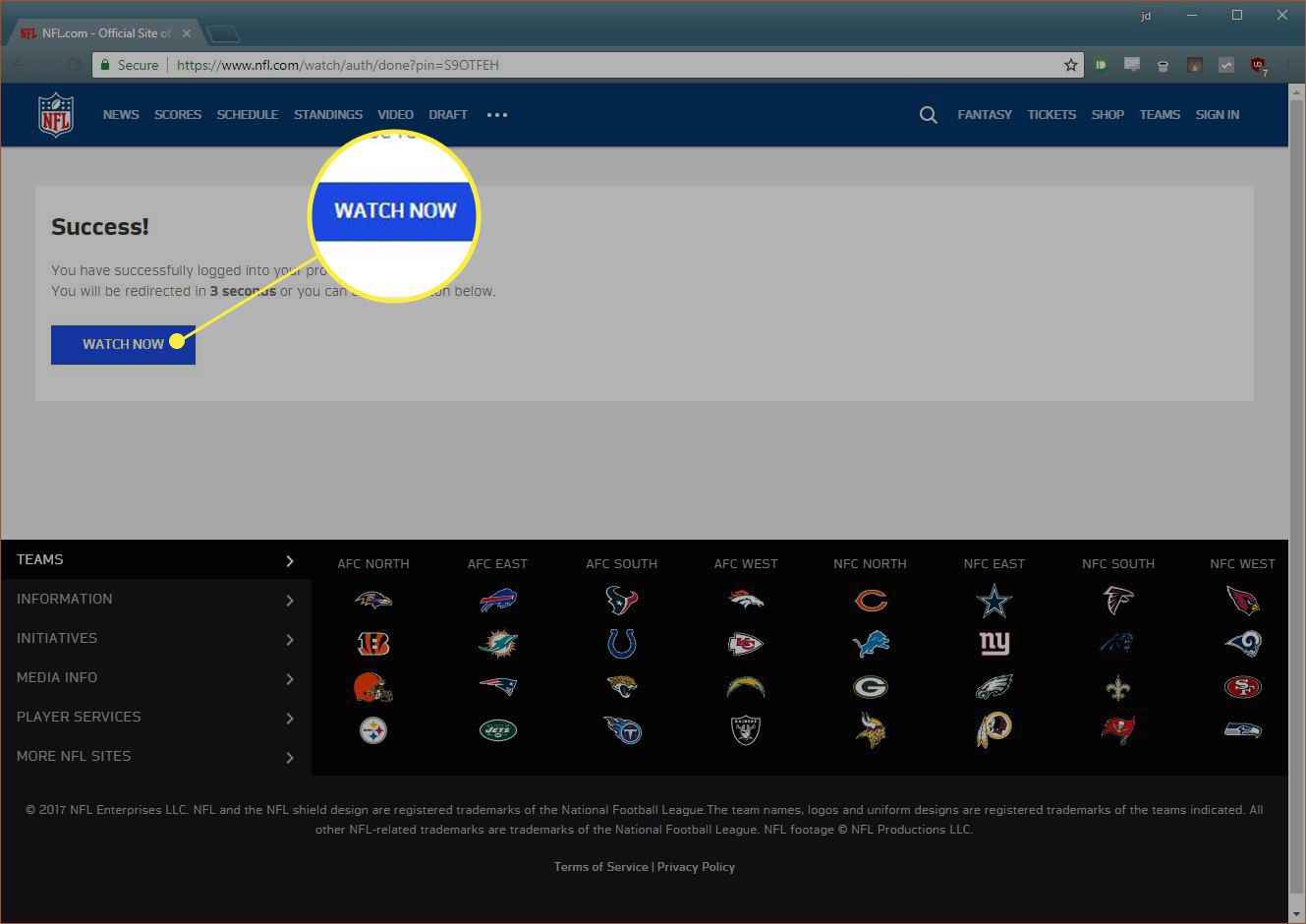 NFL-verkoston verkkosivusto, jossa on korostettuna Katso nyt