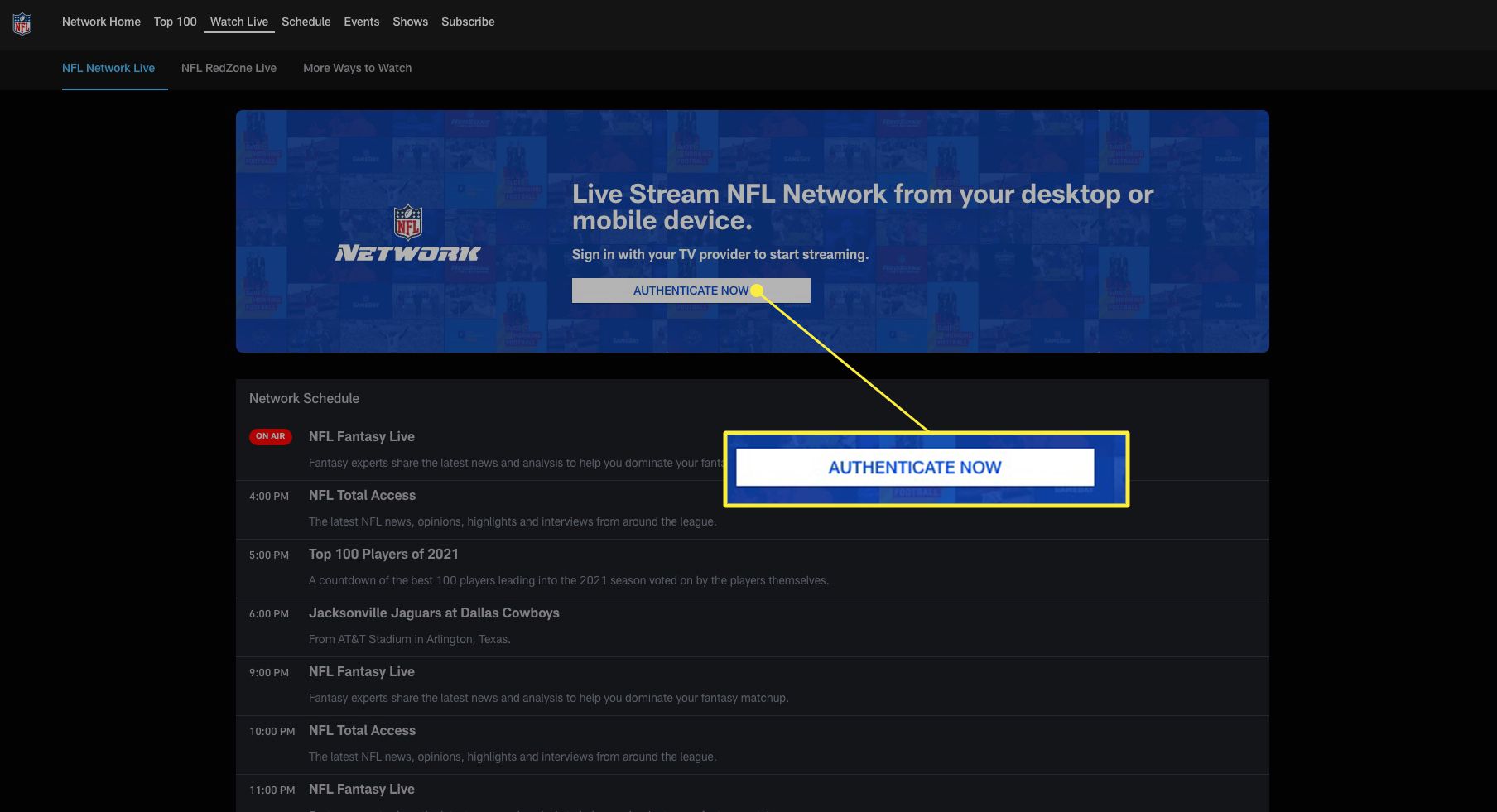NFL-verkon verkkosivusto, jossa Vahvista nyt on korostettu