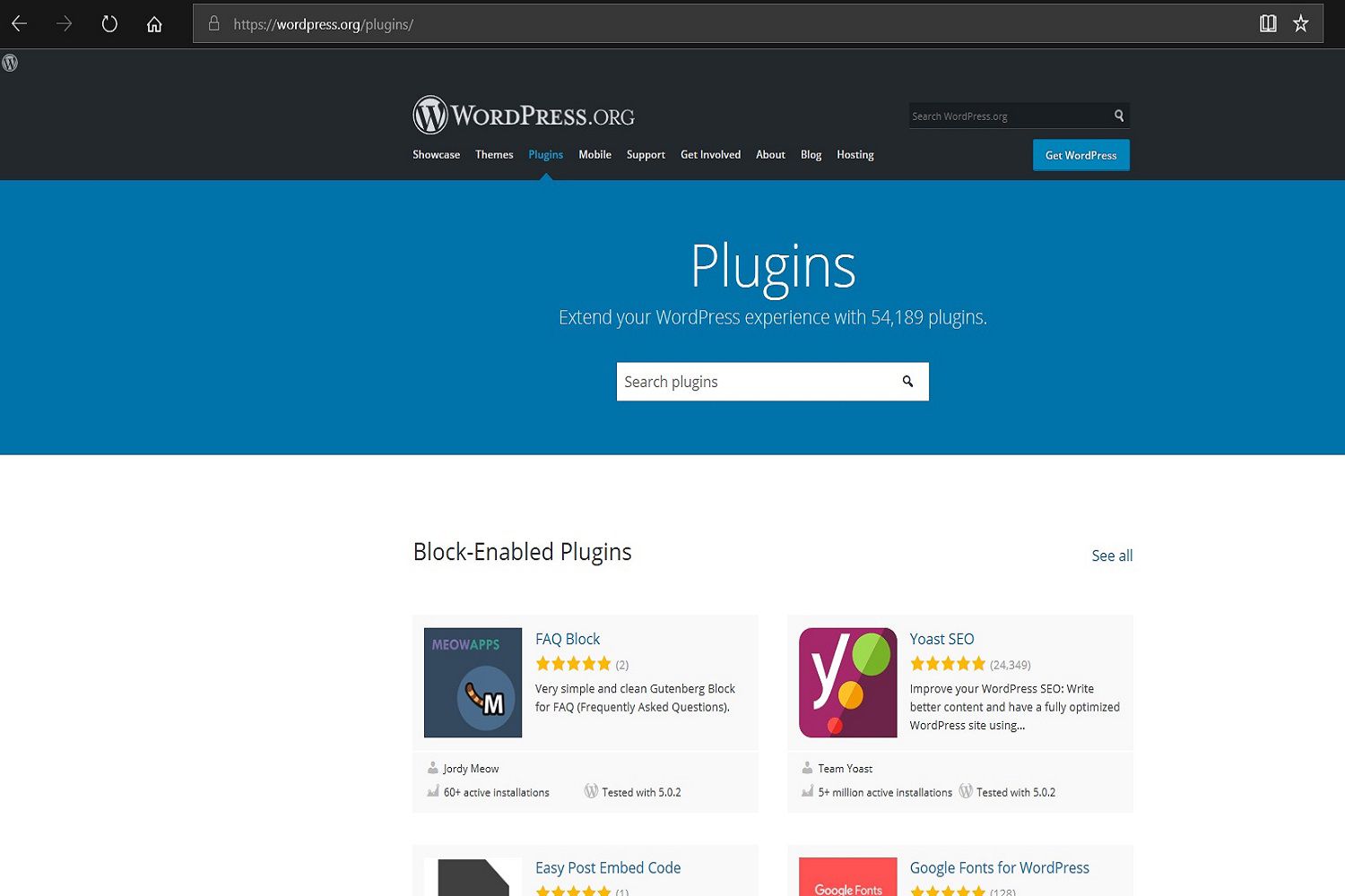 Kuvakaappaus WordPress.org Plugins -sivusta.  Voit etsiä tuhansia lisäosia käytettäväksi WordPress-verkkosivustollasi.