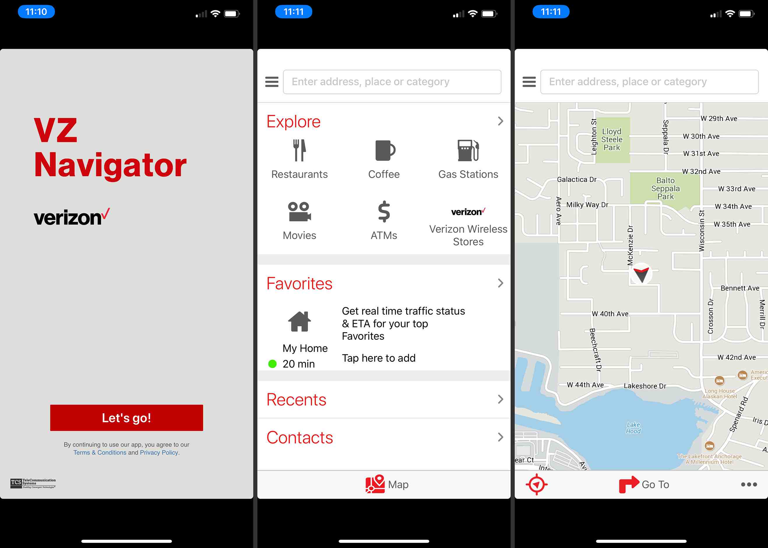Kolme VZ Navigator -näyttöä iOS:stä