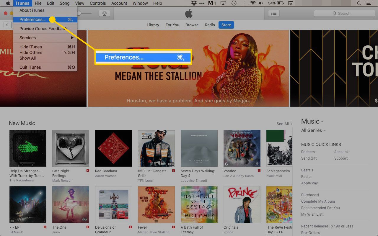 iTunesin Asetukset-valikko - kuvakaappaus