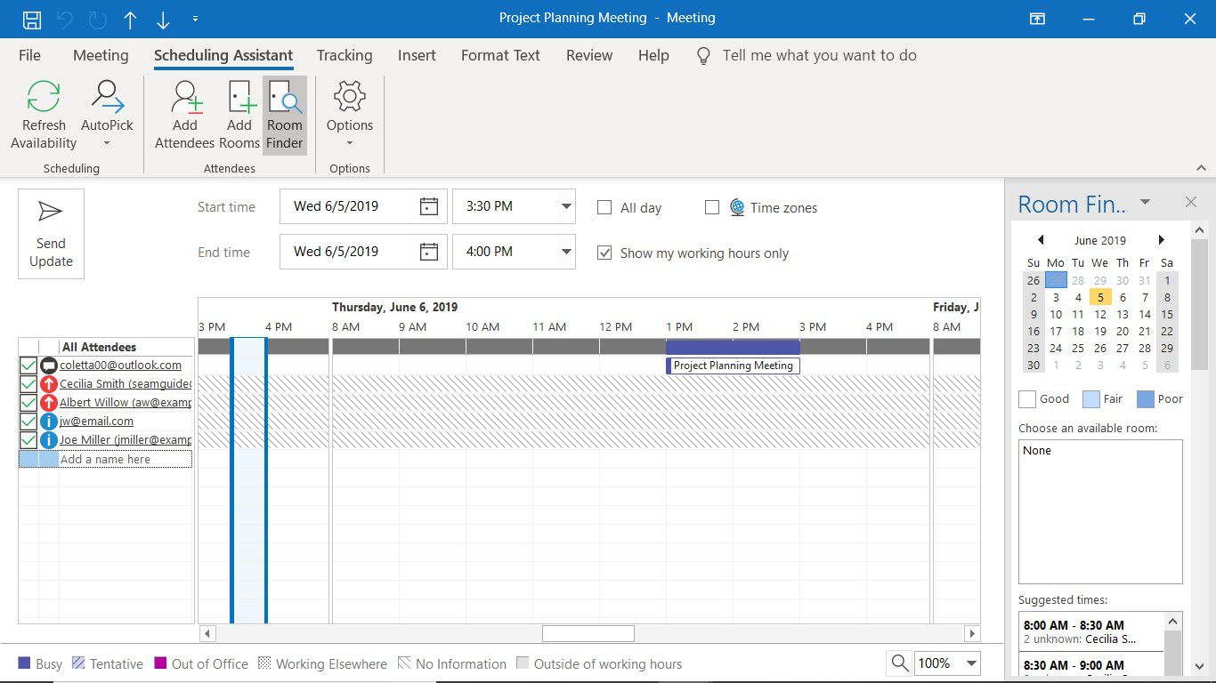 Lisätty uusi osallistuja olemassa olevaan kokoukseen Outlook Scheduling Assistantissa