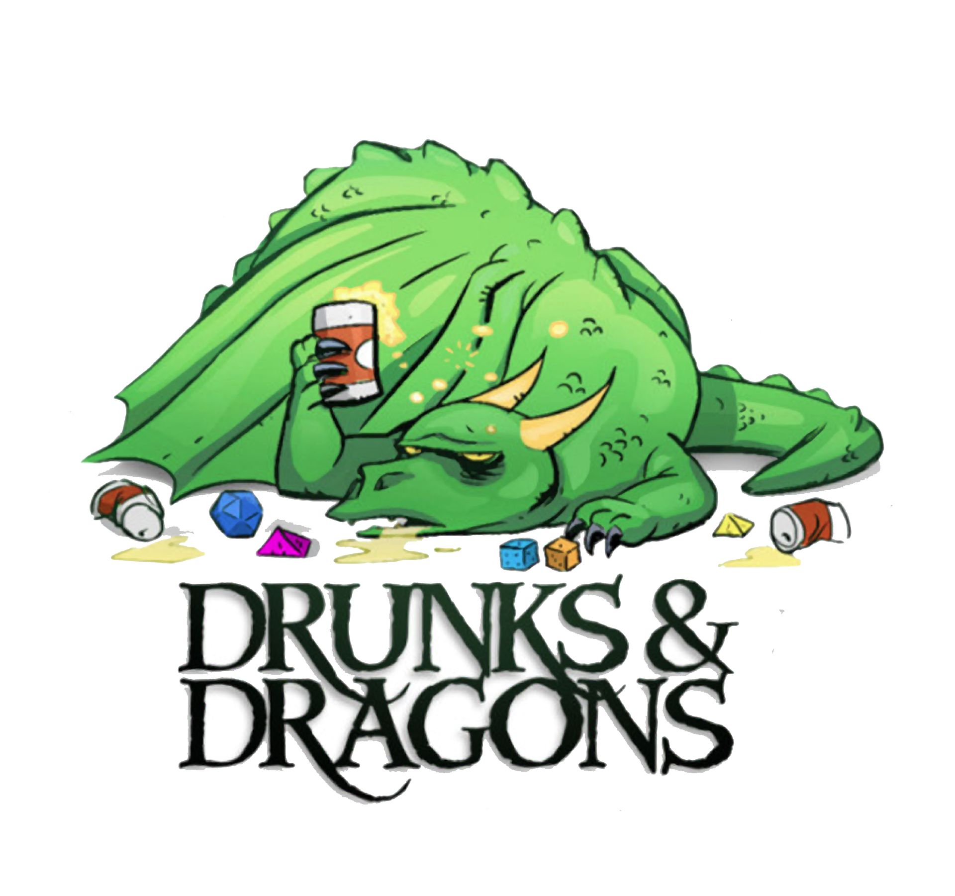 Drunks and Dragons -logo, jossa on humalainen lohikäärme.