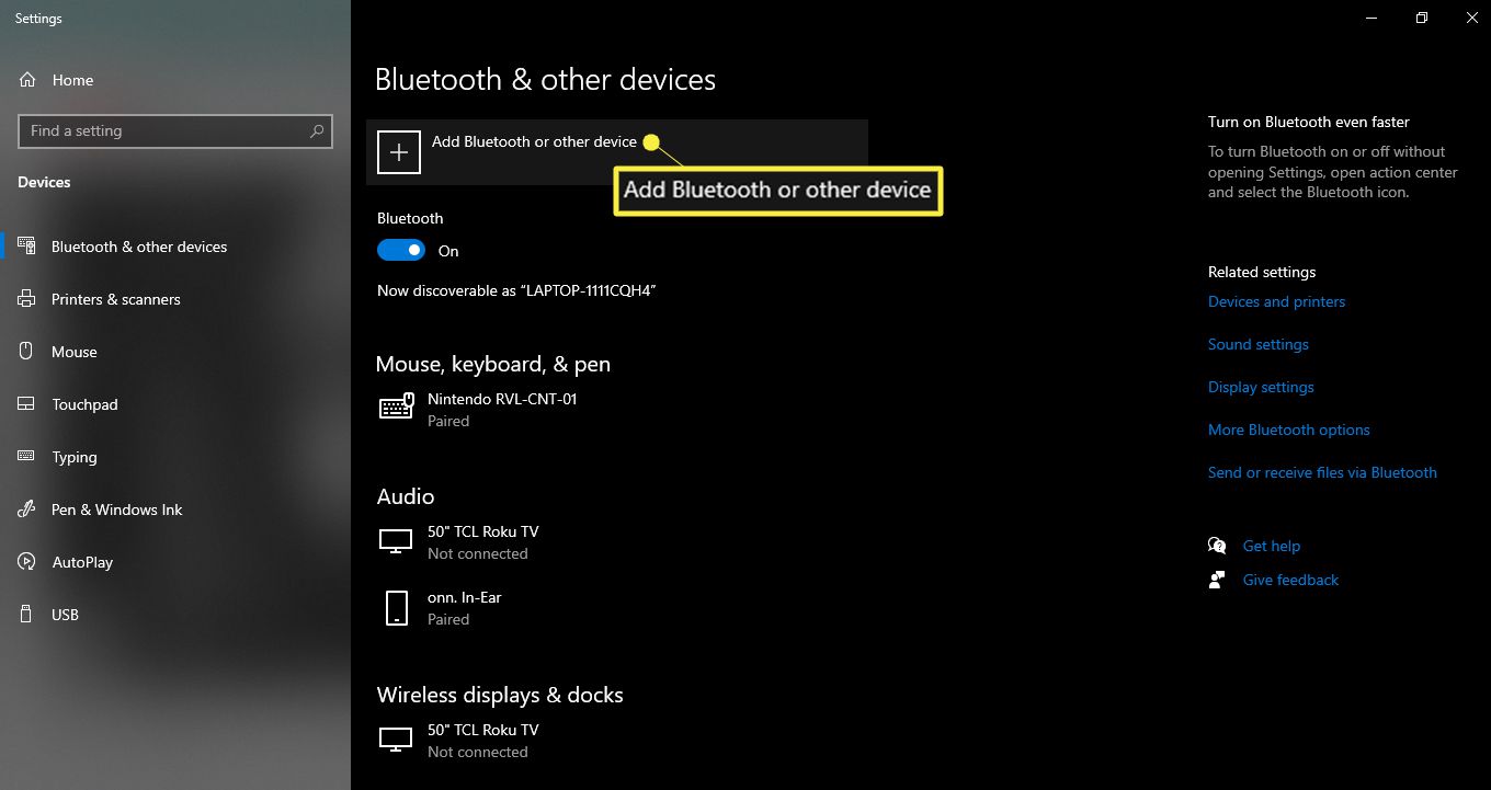 Avaa Windowsin Bluetooth-asetukset ja valitse Lisää Bluetooth tai muu laite.