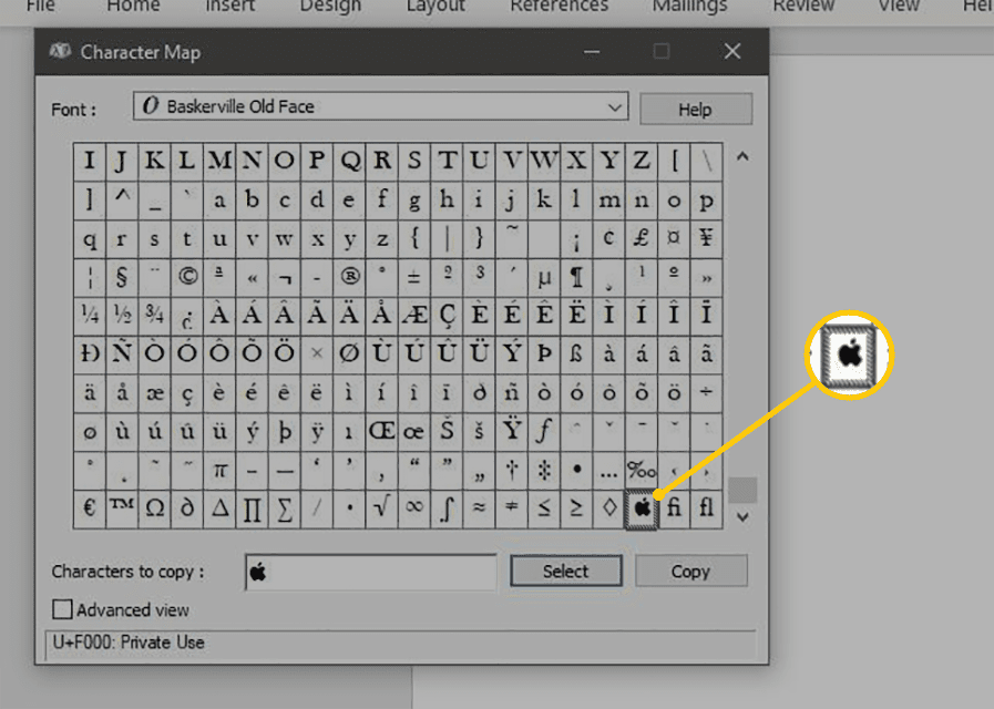 Apple-logo Unicodessa Baskerville Old Face -fontilla