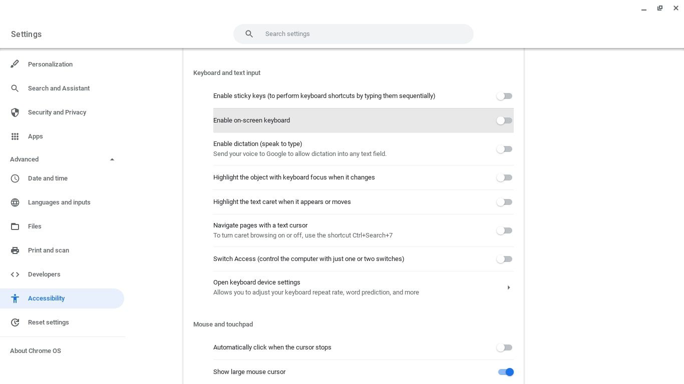 Poista näytön näppäimistön harmaa käytöstä Chromebookin asetuksista