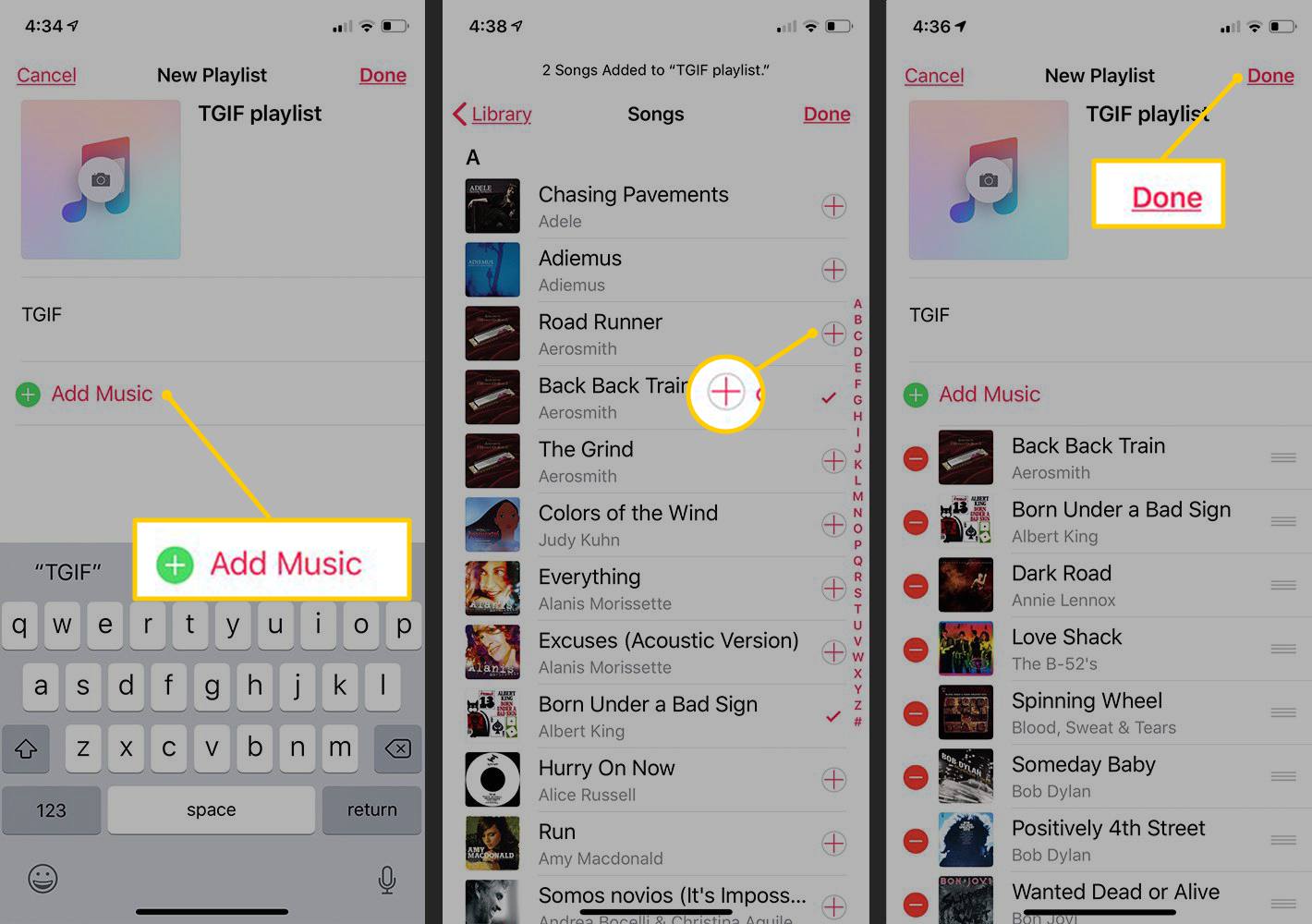 Lisää musiikkia, Plus-kuvake, Valmis-painike iOS-musiikkisovelluksessa