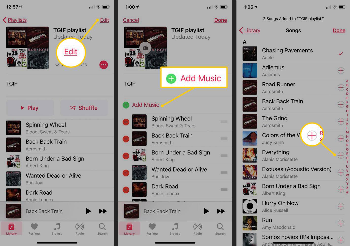 Muokkaa, Lisää musiikkia, Plus-kuvake iOS-musiikkisovelluksessa