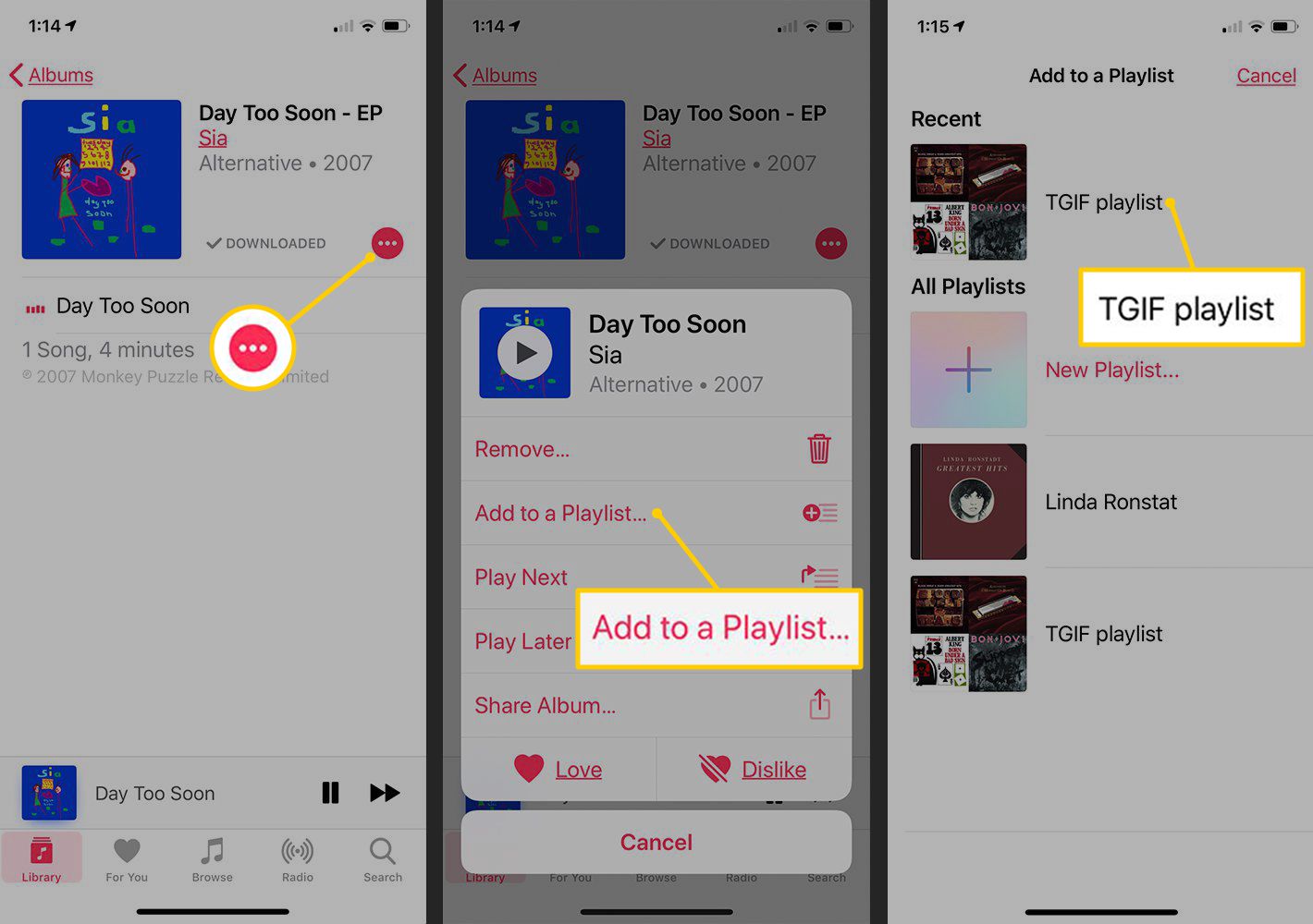 Valikkopainike, Lisää soittolistaan, kohdesoittolista iOS Music -sovelluksessa