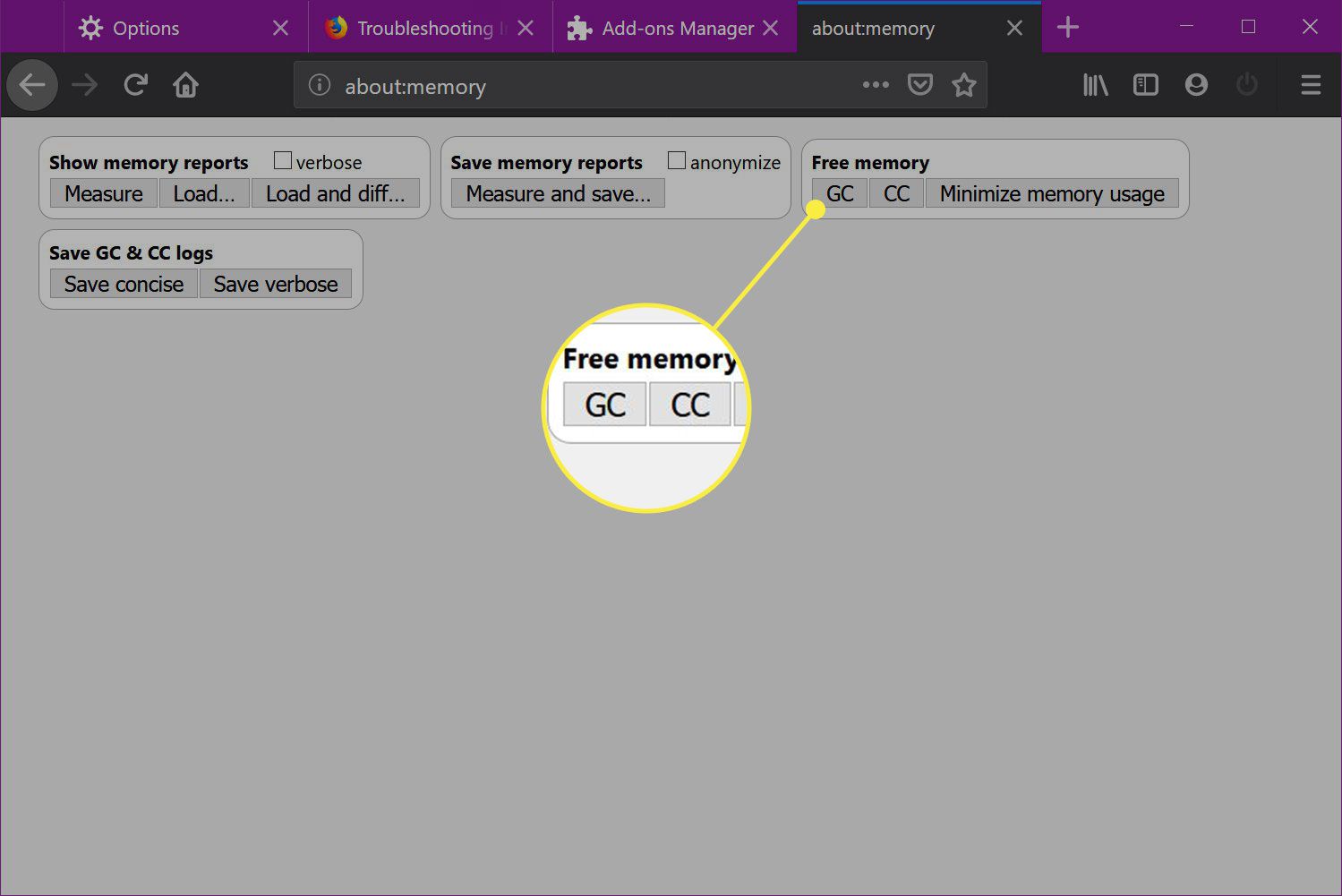 GC- ja CC-painikkeet Firefoxin muistiasetuksissa