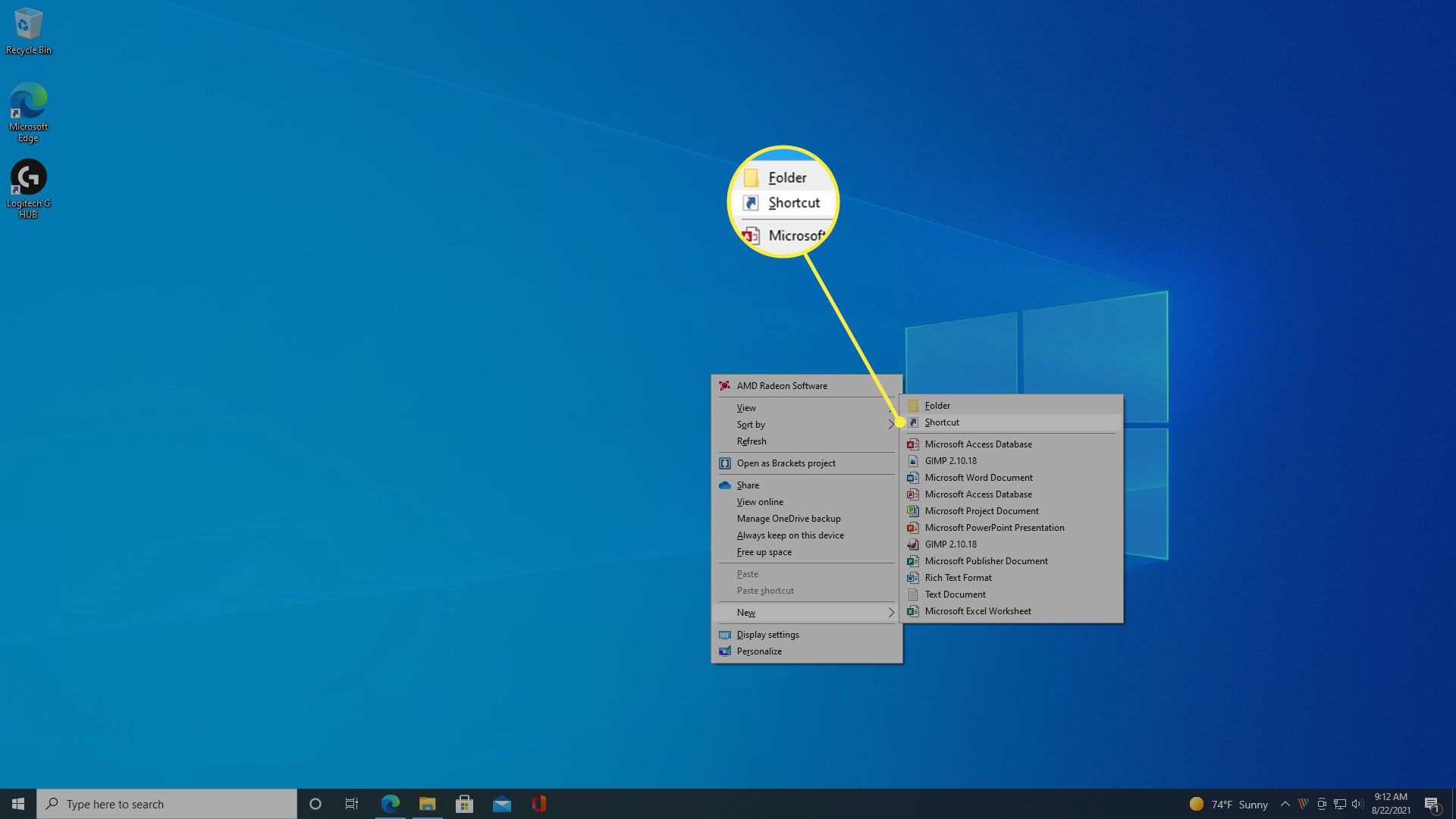 Valitse pikakuvake Windows 10 -työpöydän hiiren kakkospainikkeen pikavalikosta.