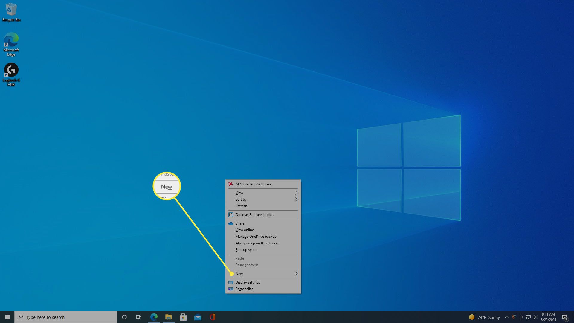 Valitse Uusi Windows 10 -työpöydän hiiren kakkospainikkeen pikavalikosta.