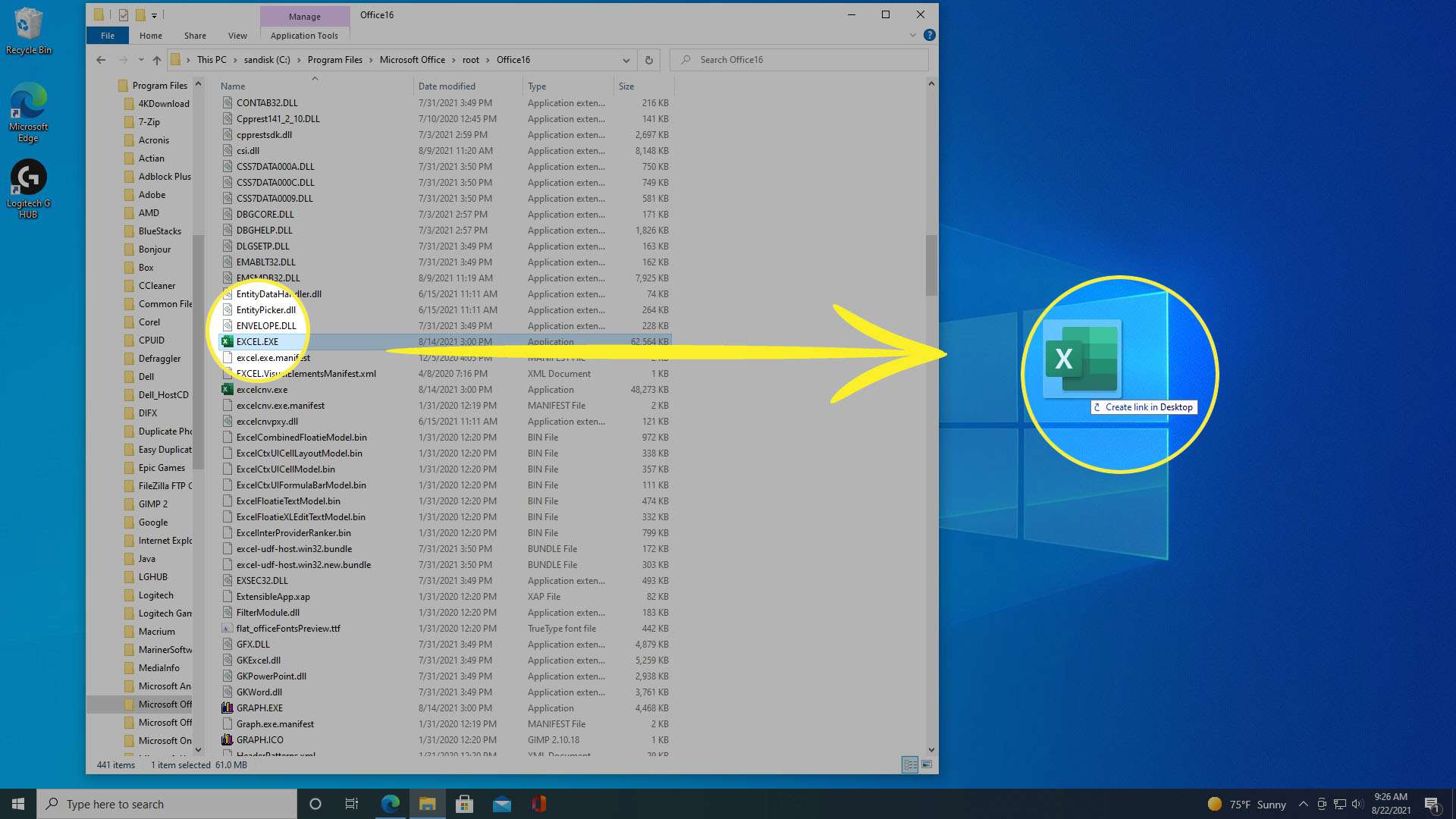 Pikakuvakkeen vetäminen työpöydälle Windows 10:ssä.