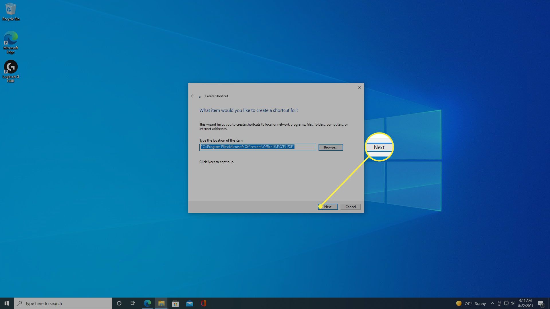 Valitse Seuraava, kun olet valinnut sovelluksen luodaksesi pikakuvakkeen Windows 10 -työpöydälle.