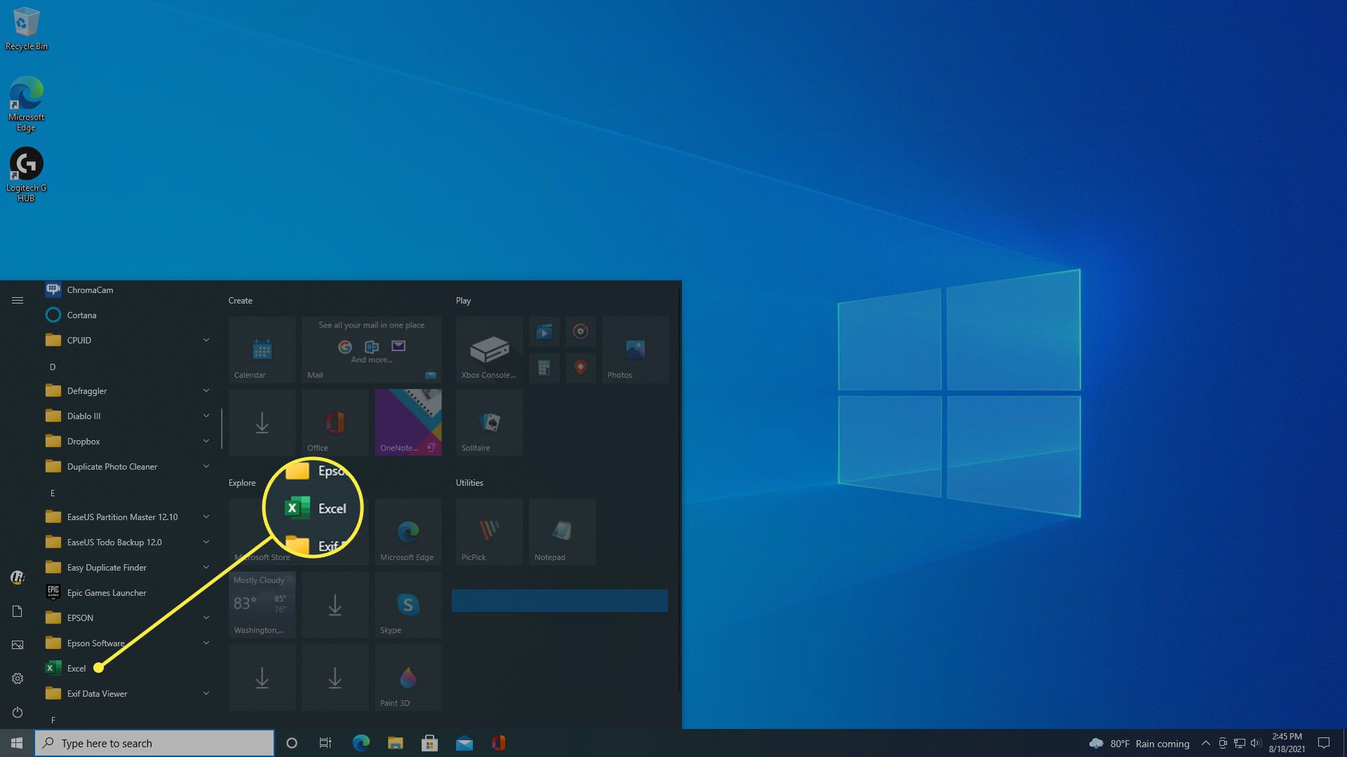 Tarkastele ohjelmia Windows 10:n Käynnistä-valikossa.