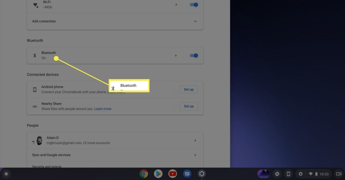 Bluetooth Chromebookin asetuksissa.