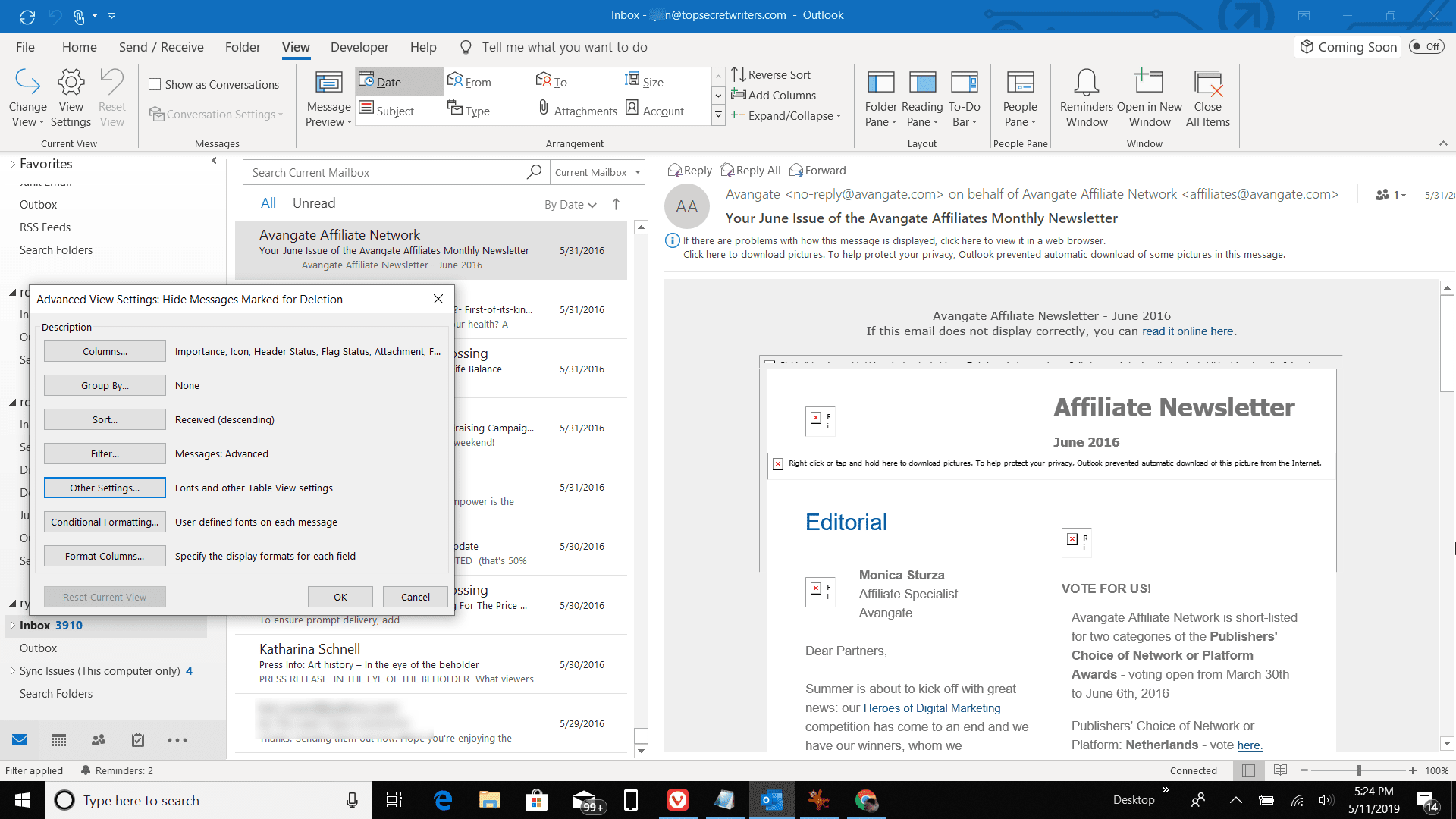Näyttökaappaus Outlookin näytön lisäasetuksista
