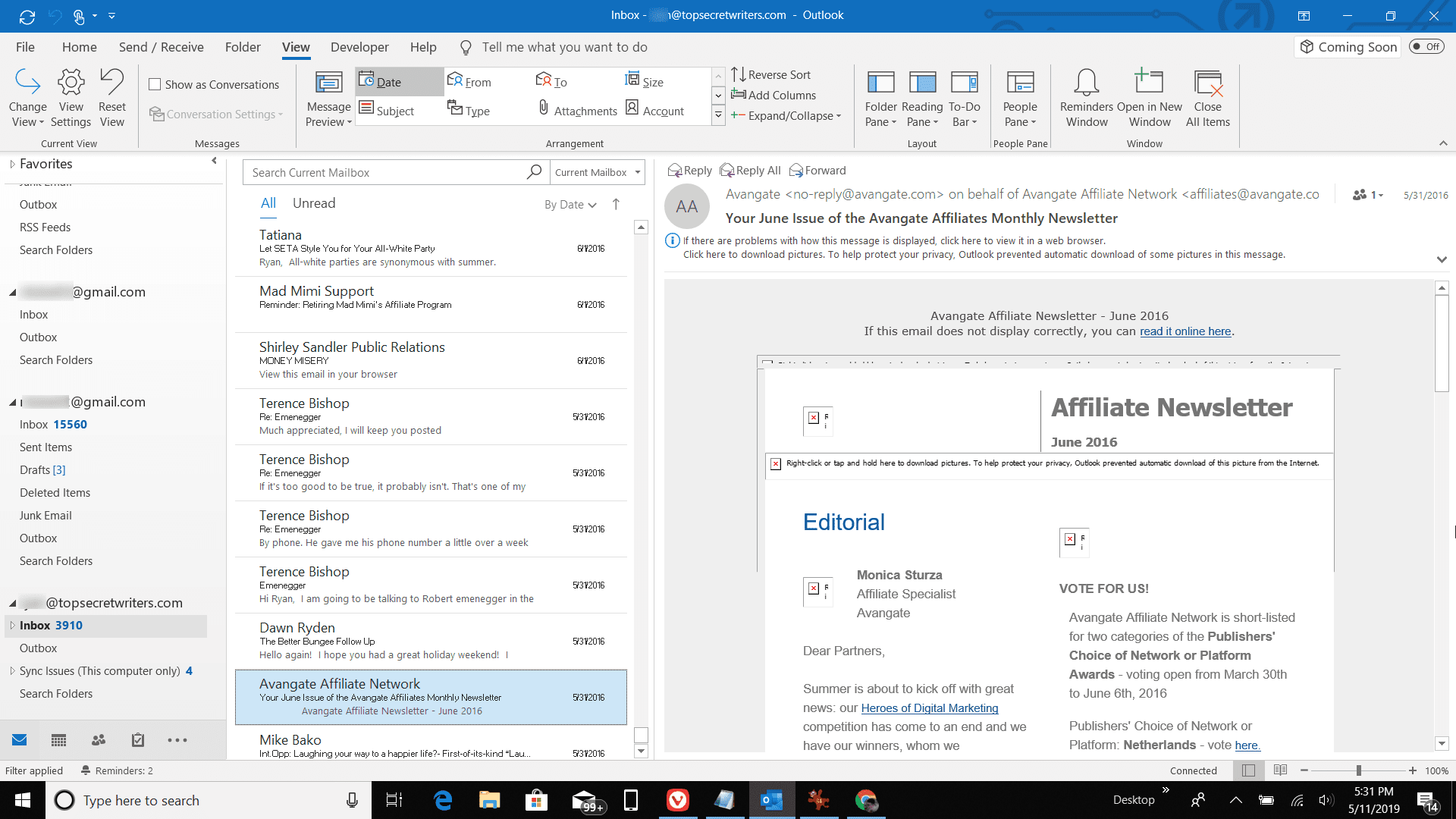 Kuvakaappaus sähköpostilistasta uudella fontilla Outlookissa