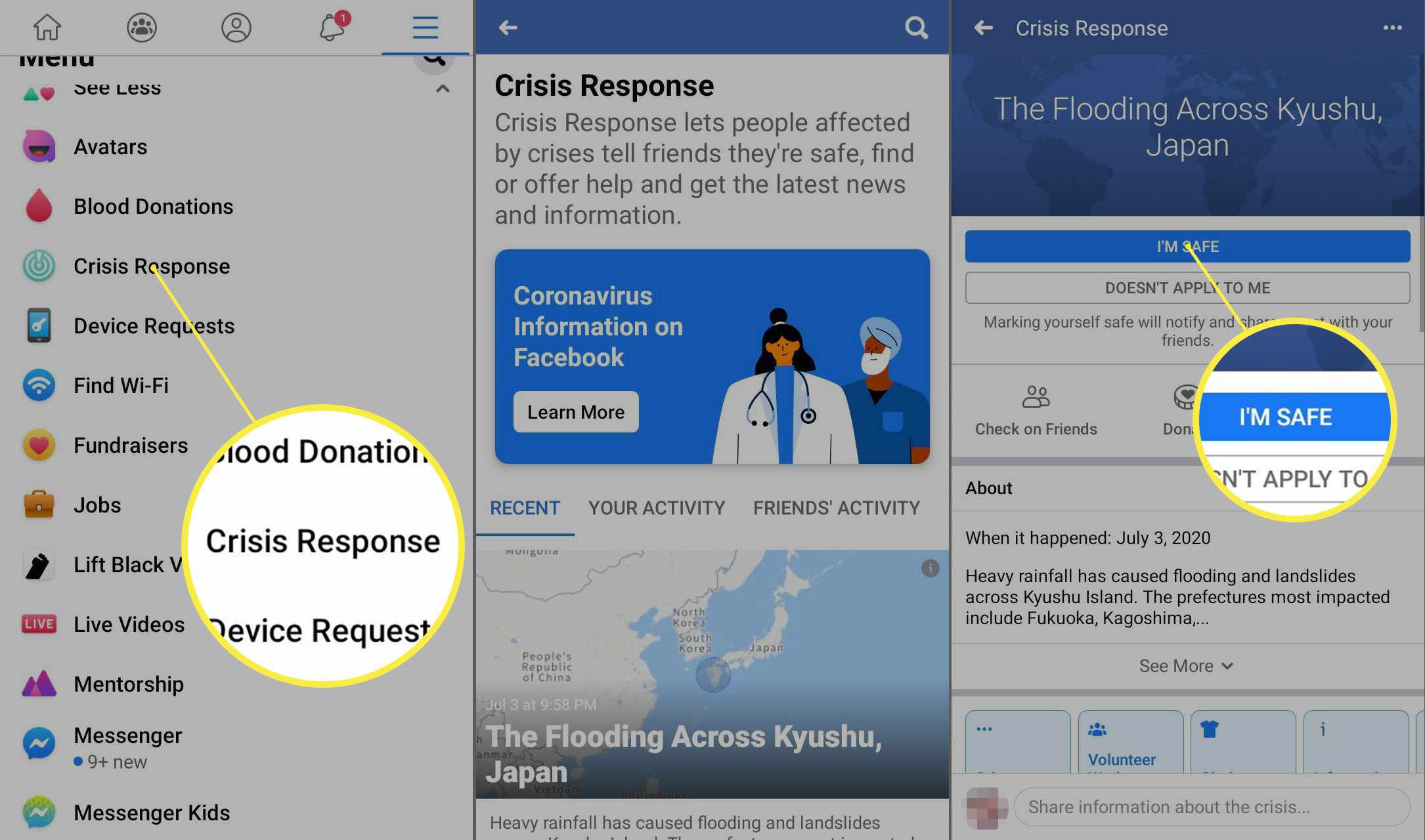 Facebook-sovellus Androidille Crisis Response -sivulle.