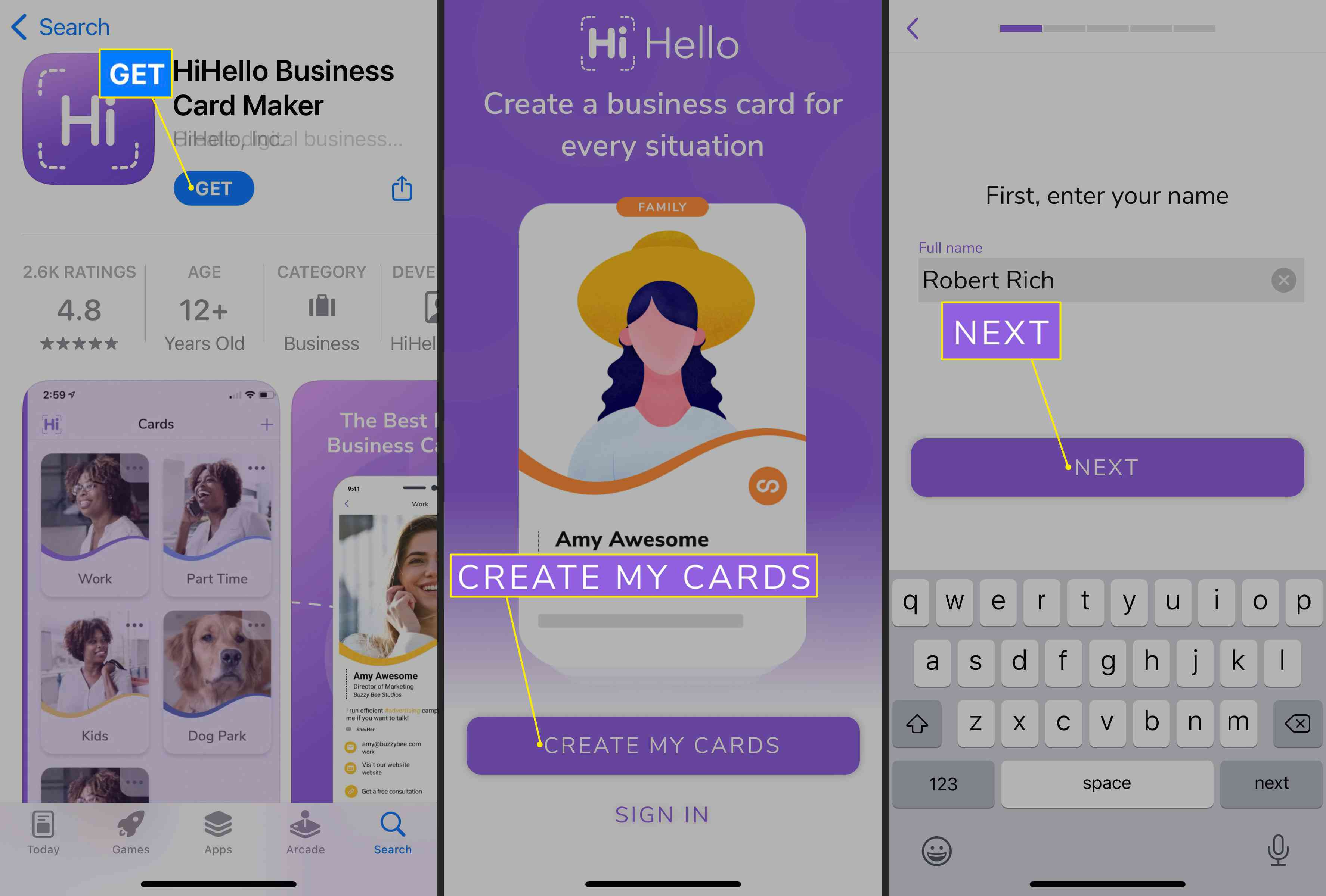 Hanki, luo omat kortit ja seuraavaksi iOS-laitteiden Hi Hello -sovelluksessa