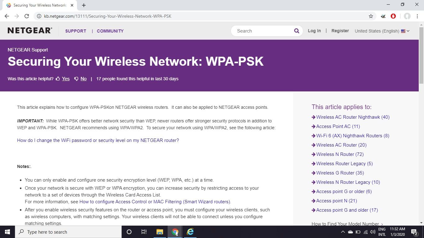 WPA-määrityssivu Netgearin tukisivustolla