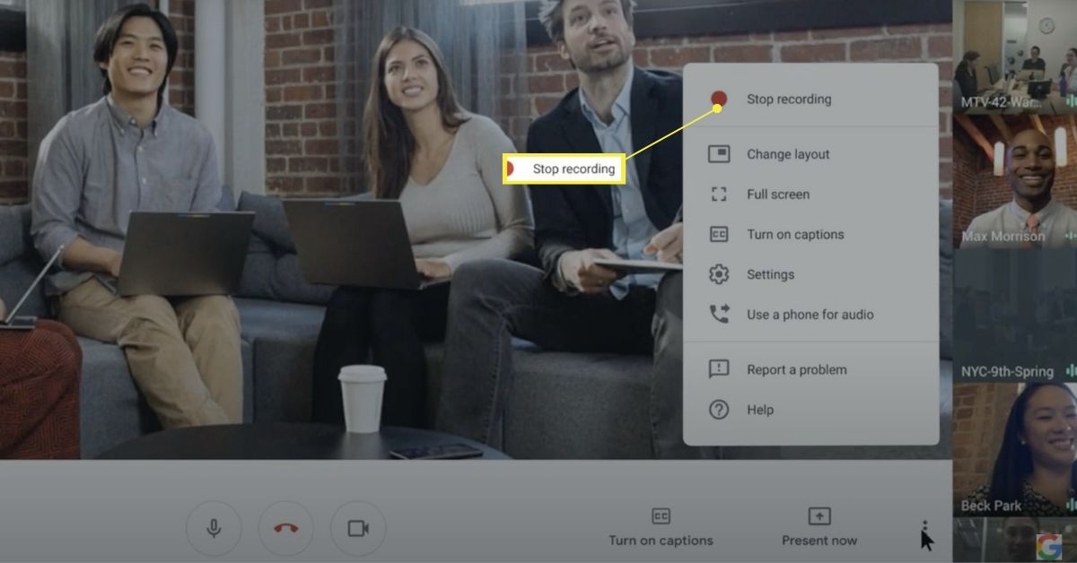 Pysäytä tallennusominaisuus Google Meetissä.