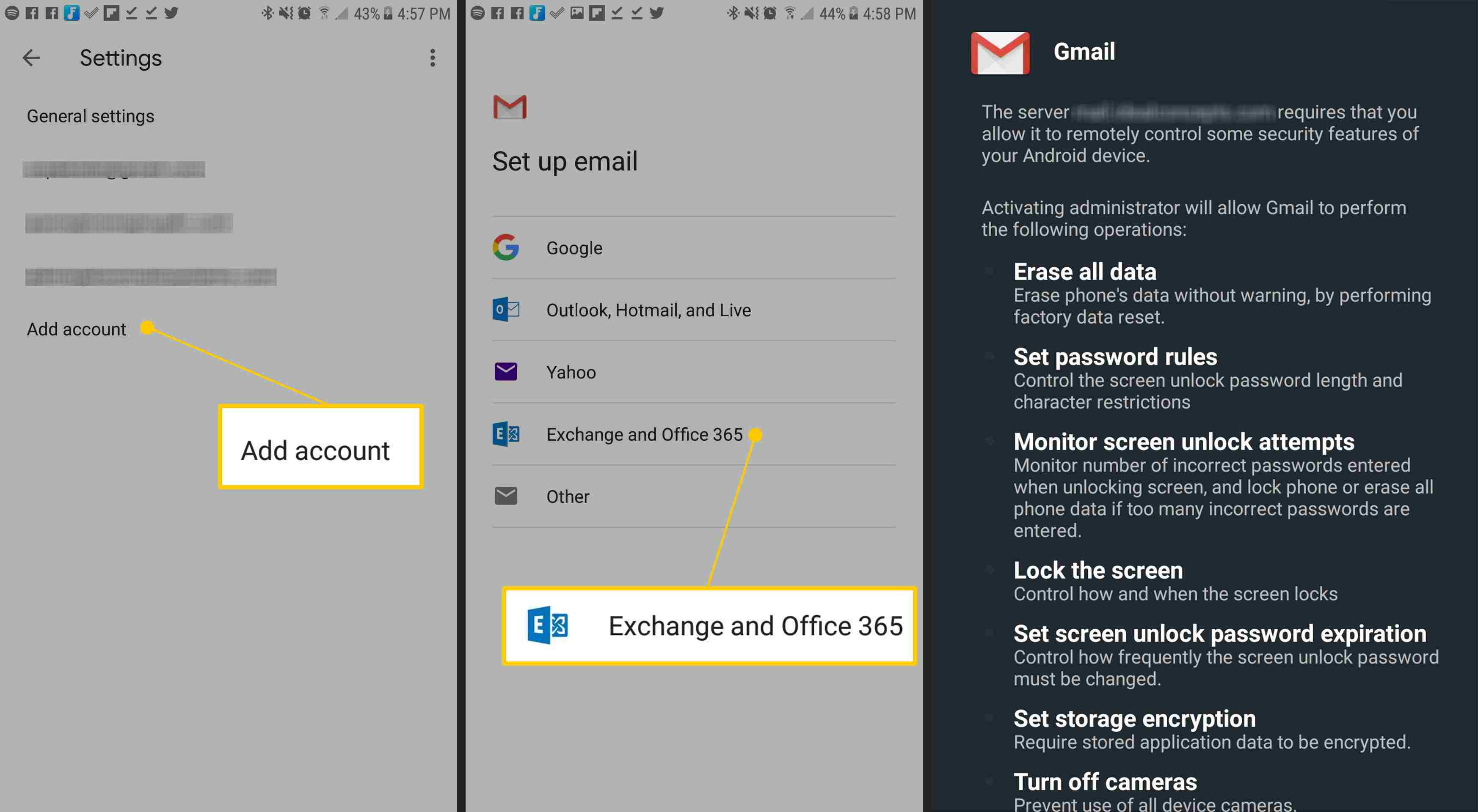 Lisää tili, Exchange ja Office 365, Käyttöoikeudet-näyttö Androidissa