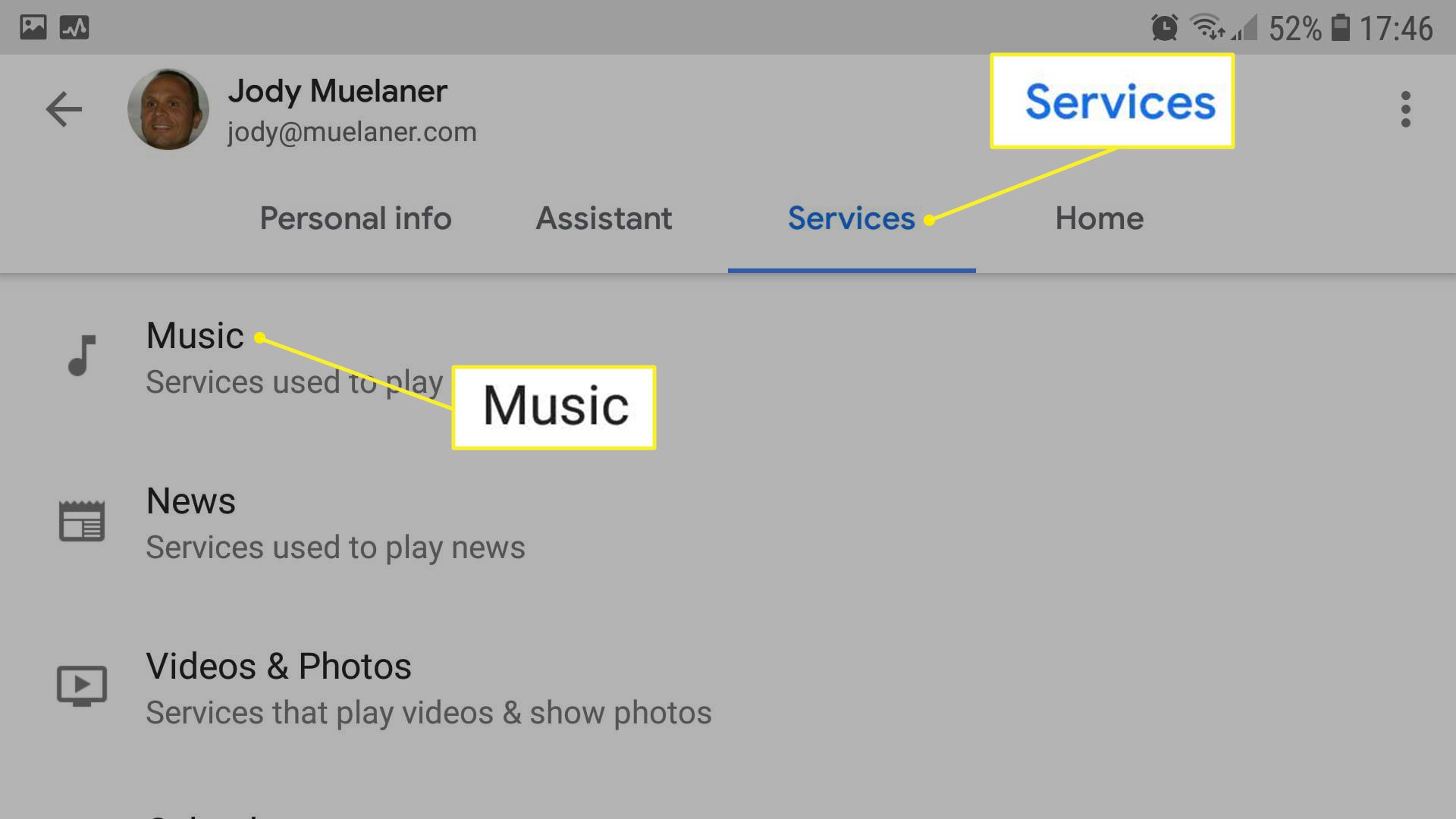 Goggle Assistantin asetukset ja palvelut ja musiikki korostettuina