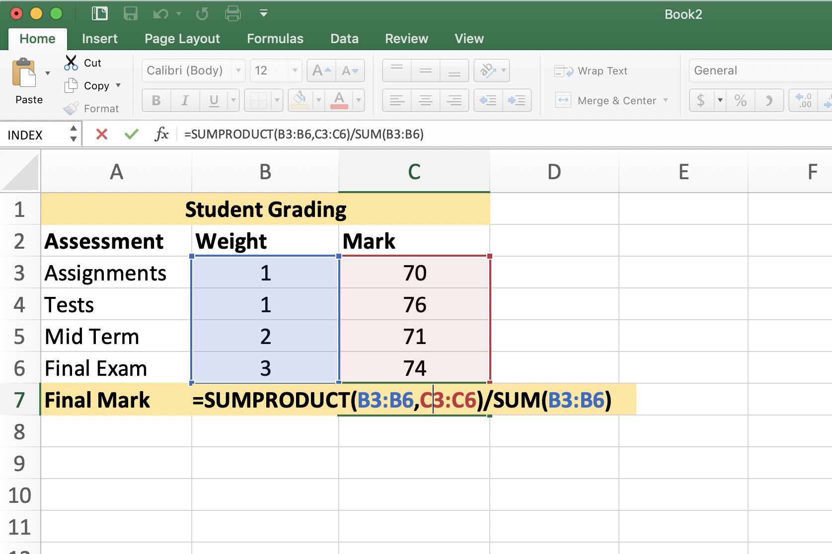 Excel näyttää vaihtoehtoisia tapoja käyttää SUMPRODUCTia