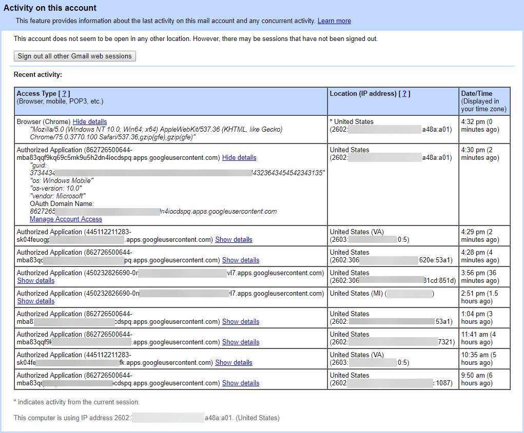 Gmail-tilin toiminnan tiedot -näyttö