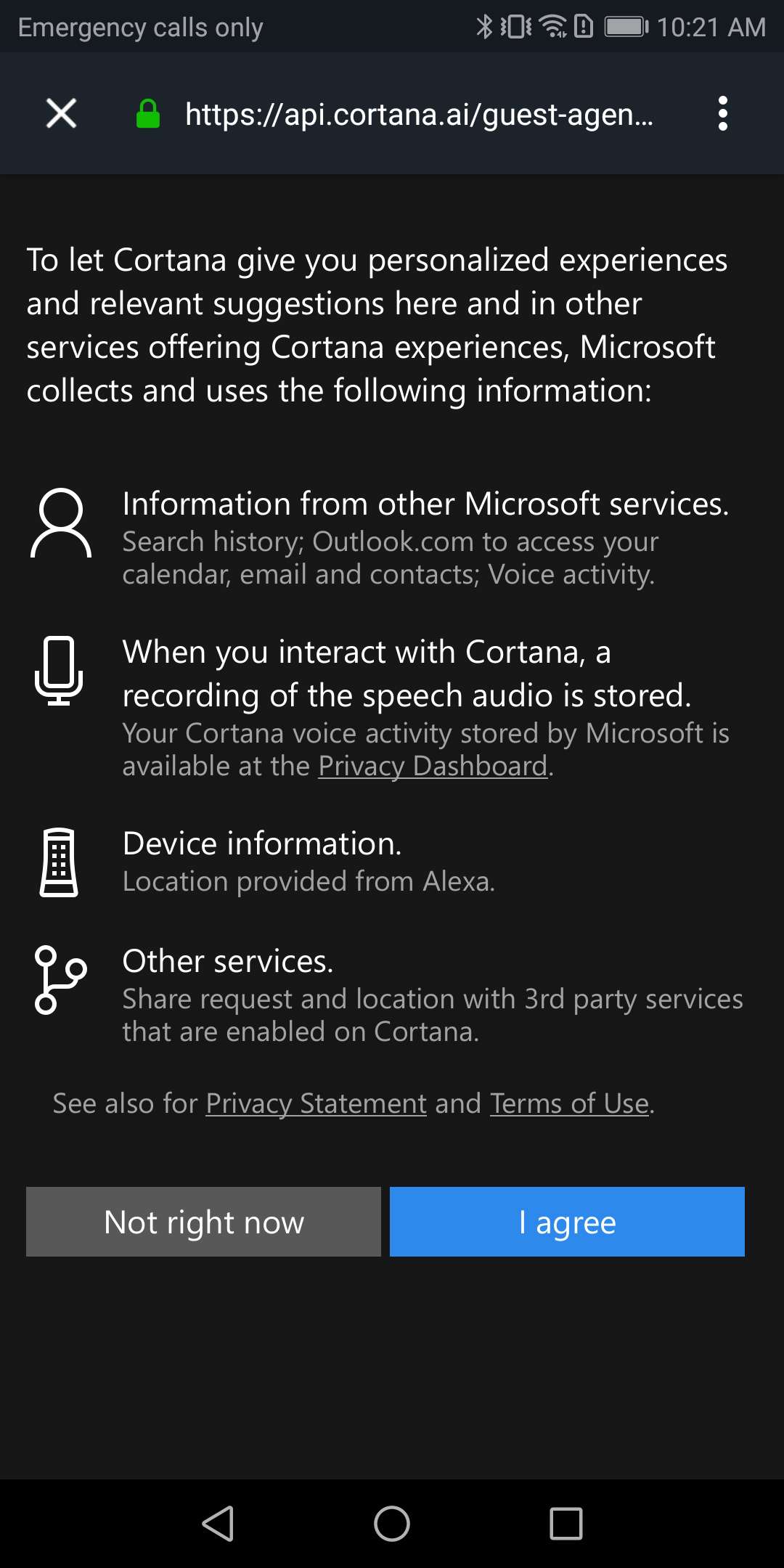 Cortana-käyttöoikeuksia pyydetään laitteittain Android Alexa -sovelluksessa.