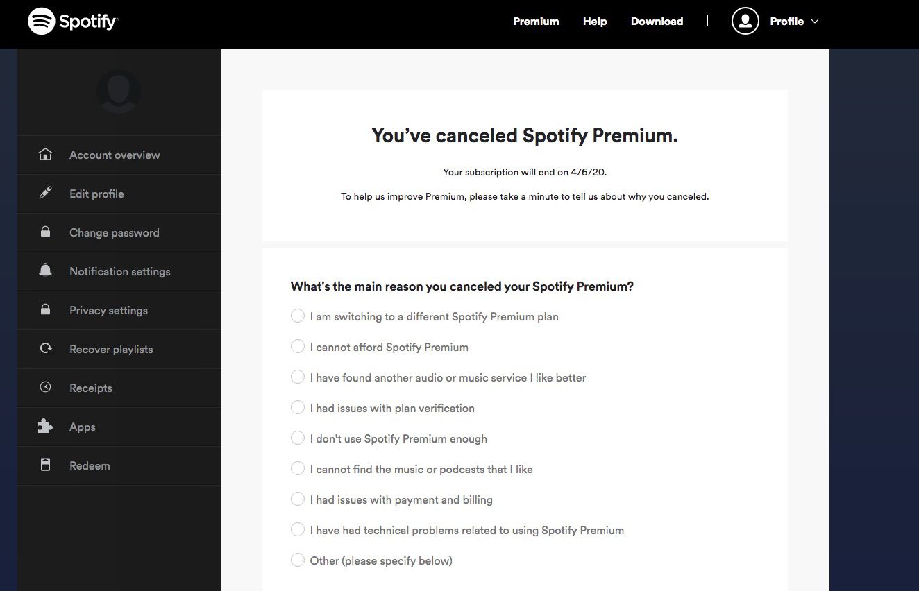 Viesti Spotify Premium peruutettu