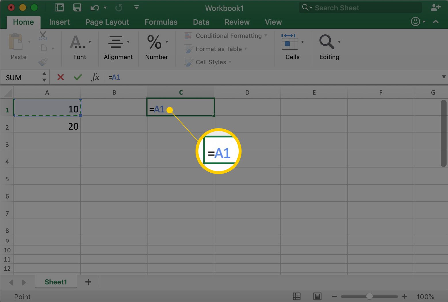 Excel näyttää solun C1, jossa on =A1