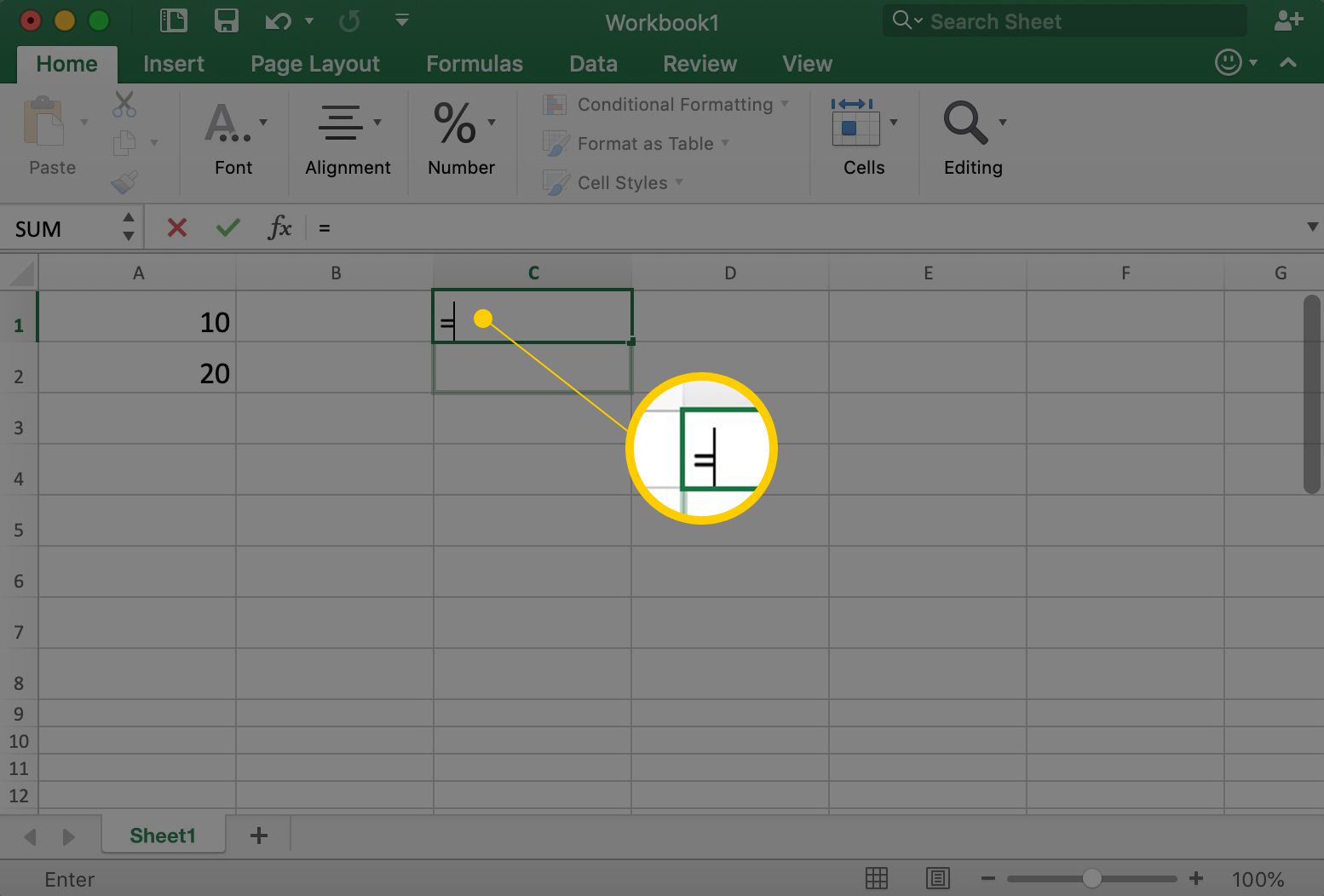 Excel näyttää solun C1, jossa on =-symboli