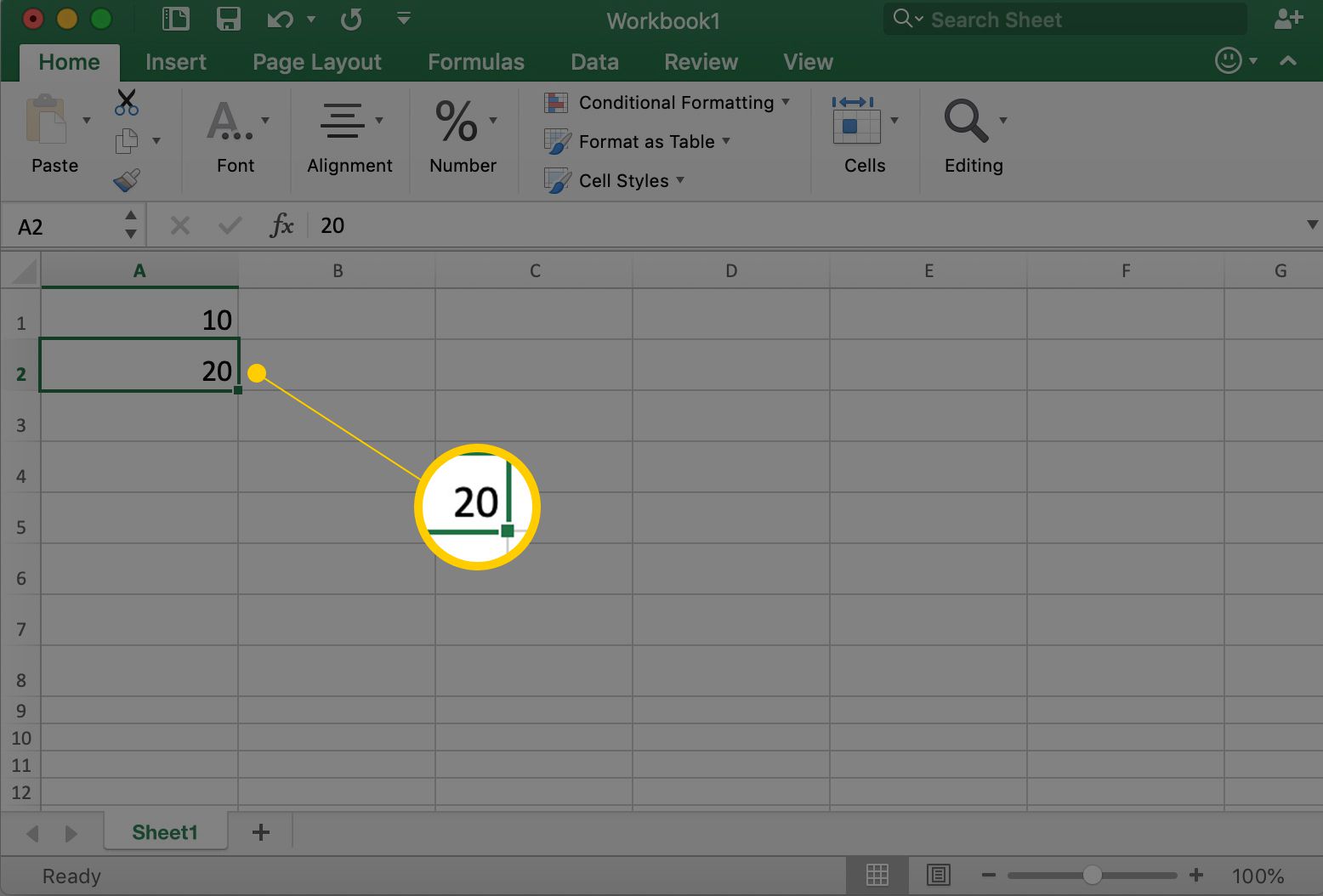 Excel näyttää solun A2, jossa on numero 20