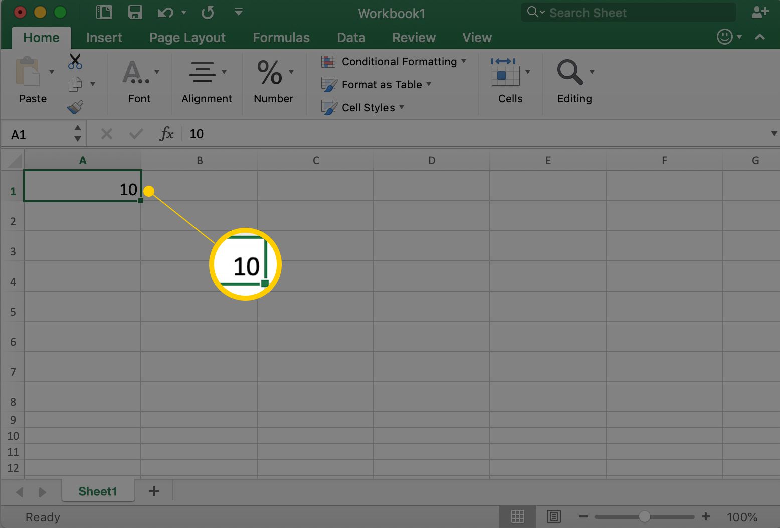 Excel näyttää solun A1, jossa on numero 10